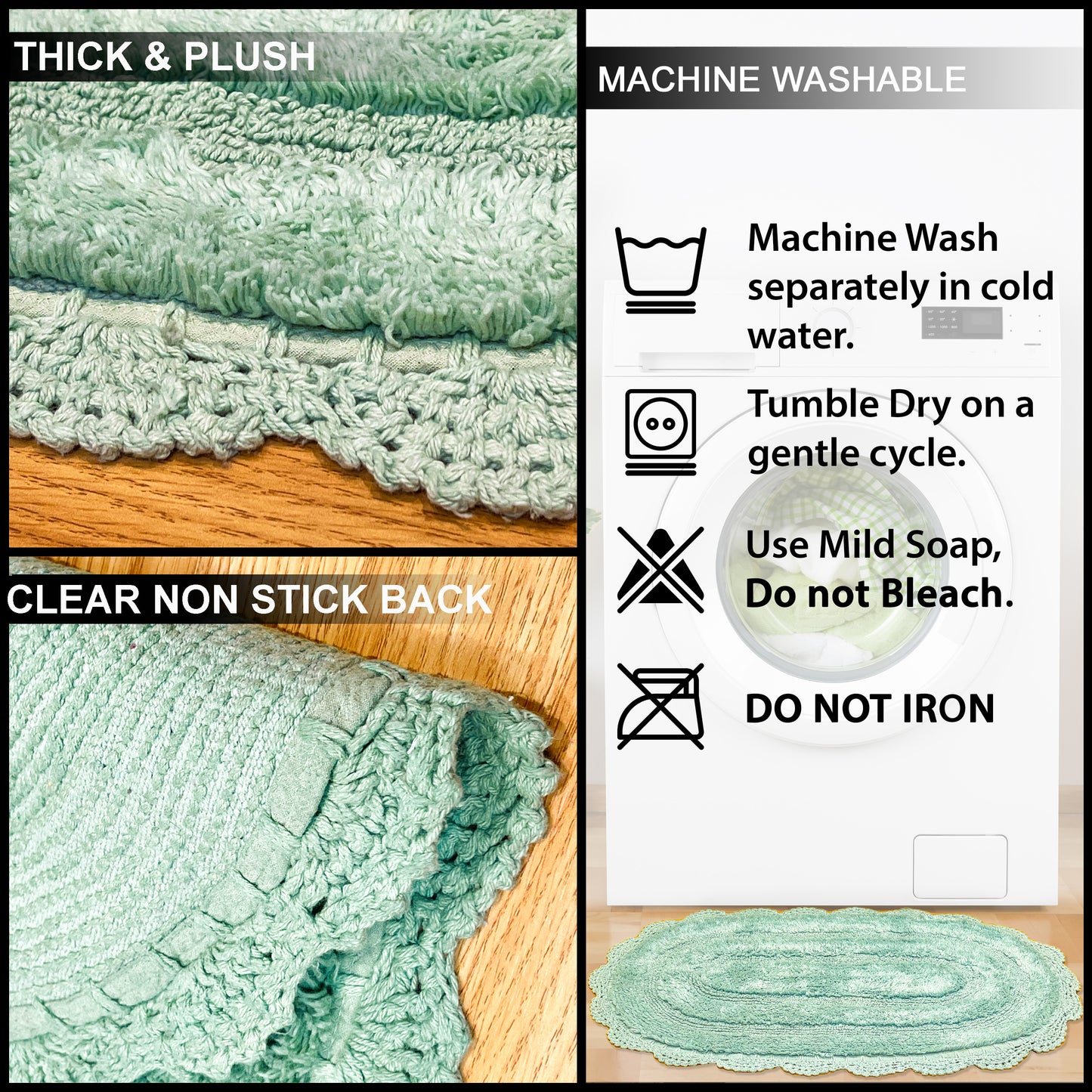 CROCHET OVAL BATH MAT, 24''x40'', LIGHT GREEN 100% COTTON