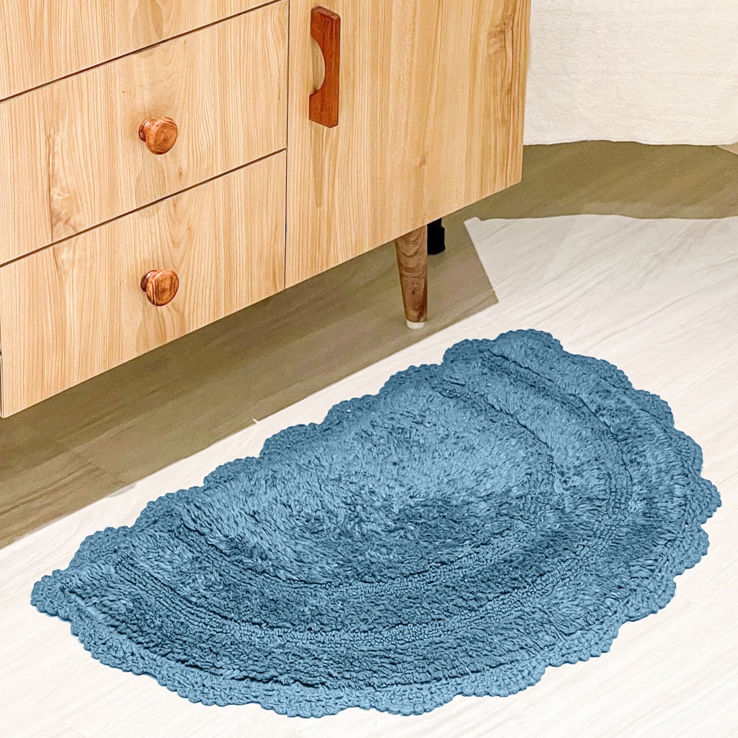 CROCHET SEMI CIRCLE BATH MAT, PROVENCIAL BLUE, 20''x32'' 100% COTTON