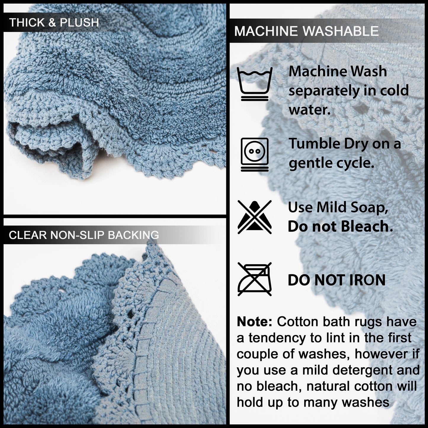 CROCHET SEMI CIRCLE BATH MAT, PROVENCIAL BLUE, 20''x32'' 100% COTTON