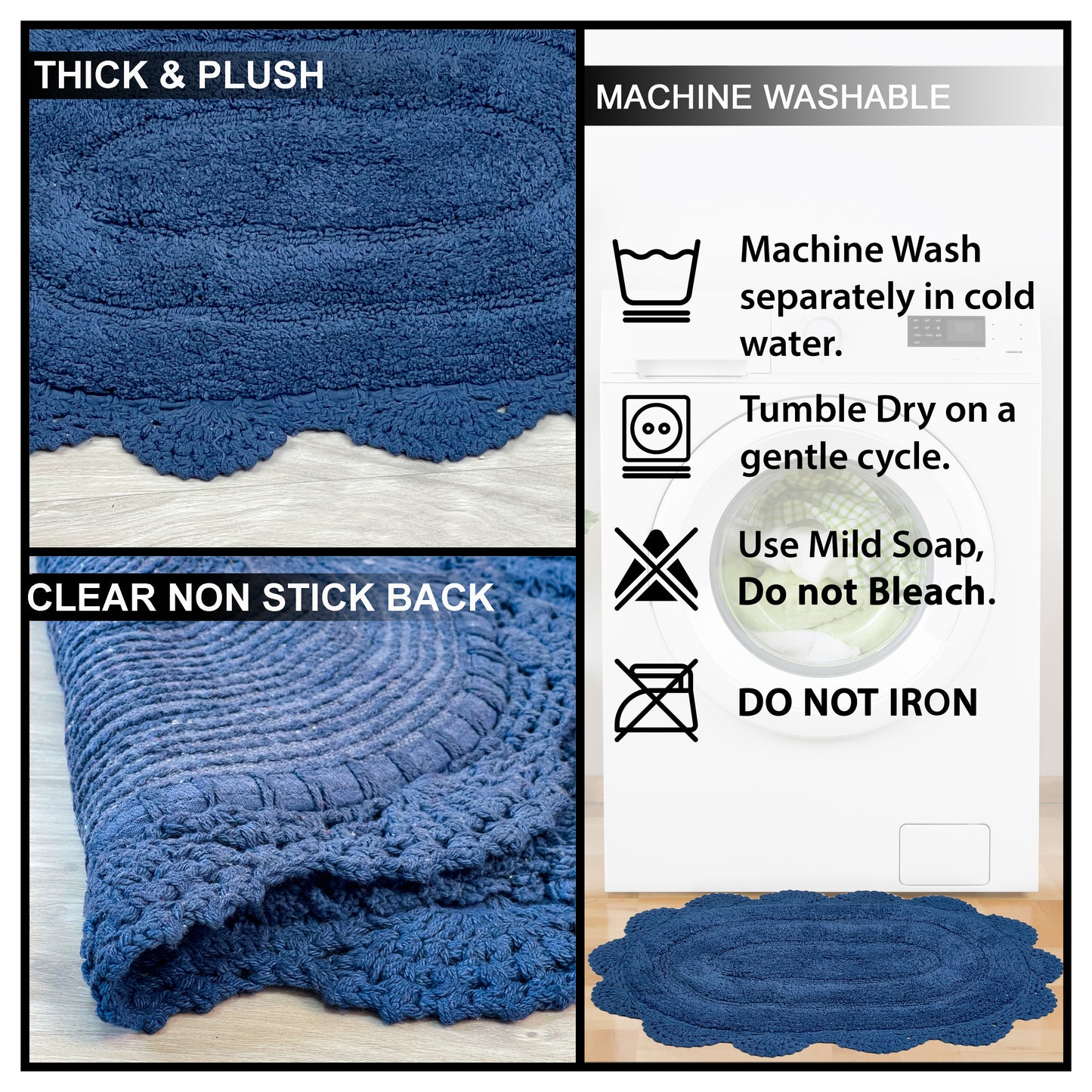 CROCHET SEMI CIRCLE BATH MAT, NAVY, 20''x32'' 100% COTTON