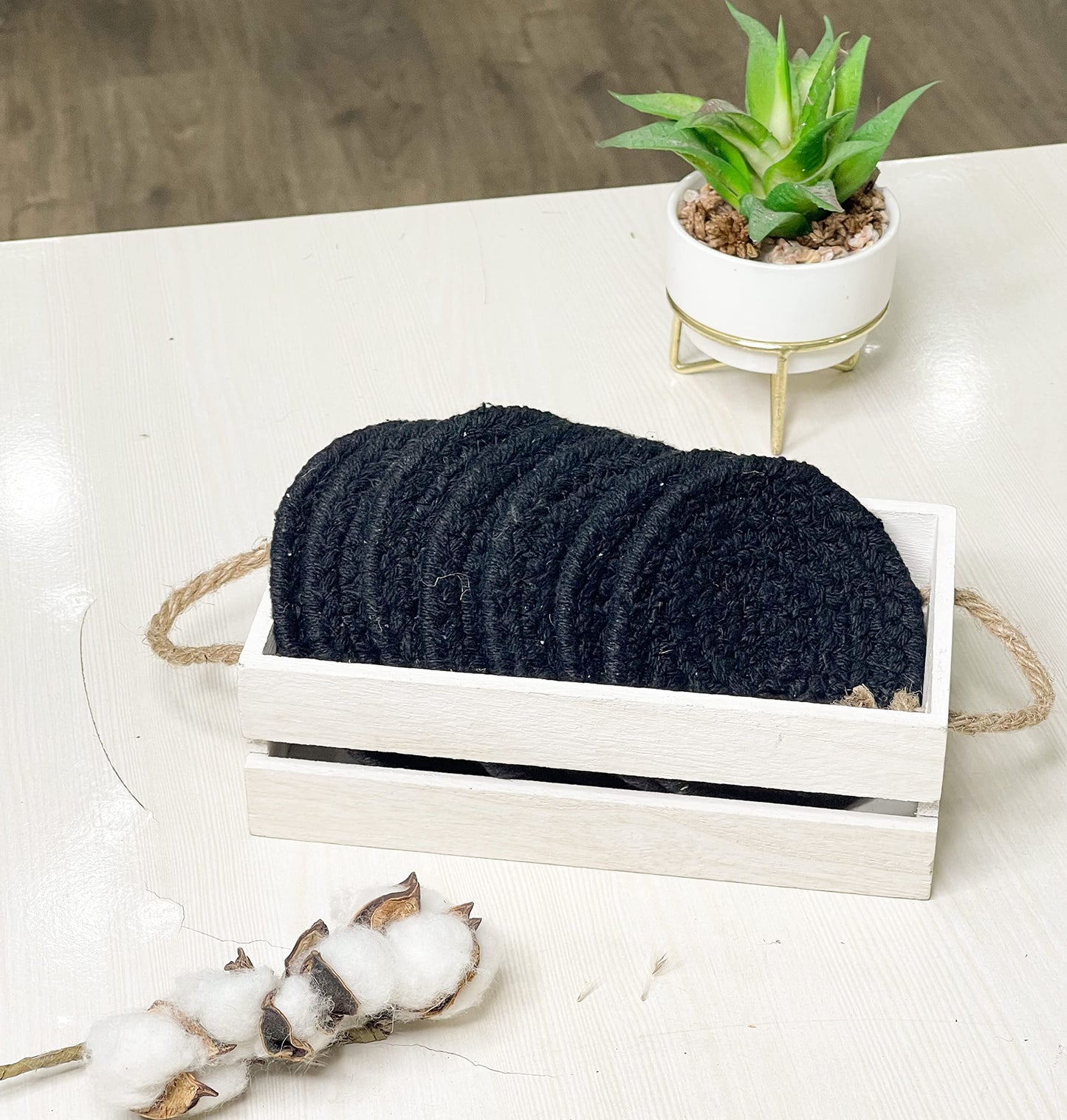 COTTON COASTER (SET OF 8), BLACK, 4'' ROUND.