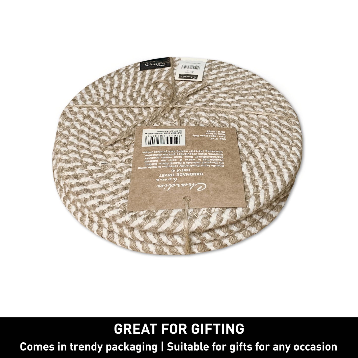 BRAIDED JUTE/COTTON TRIVET ( 4 PCS SET )-NATURAL JUTE-8'' ROUND.