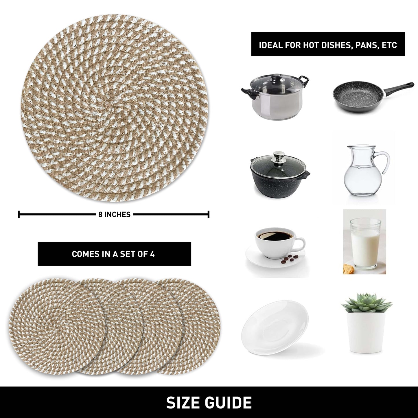 BRAIDED JUTE/COTTON TRIVET ( 4 PCS SET )-NATURAL JUTE-8'' ROUND.
