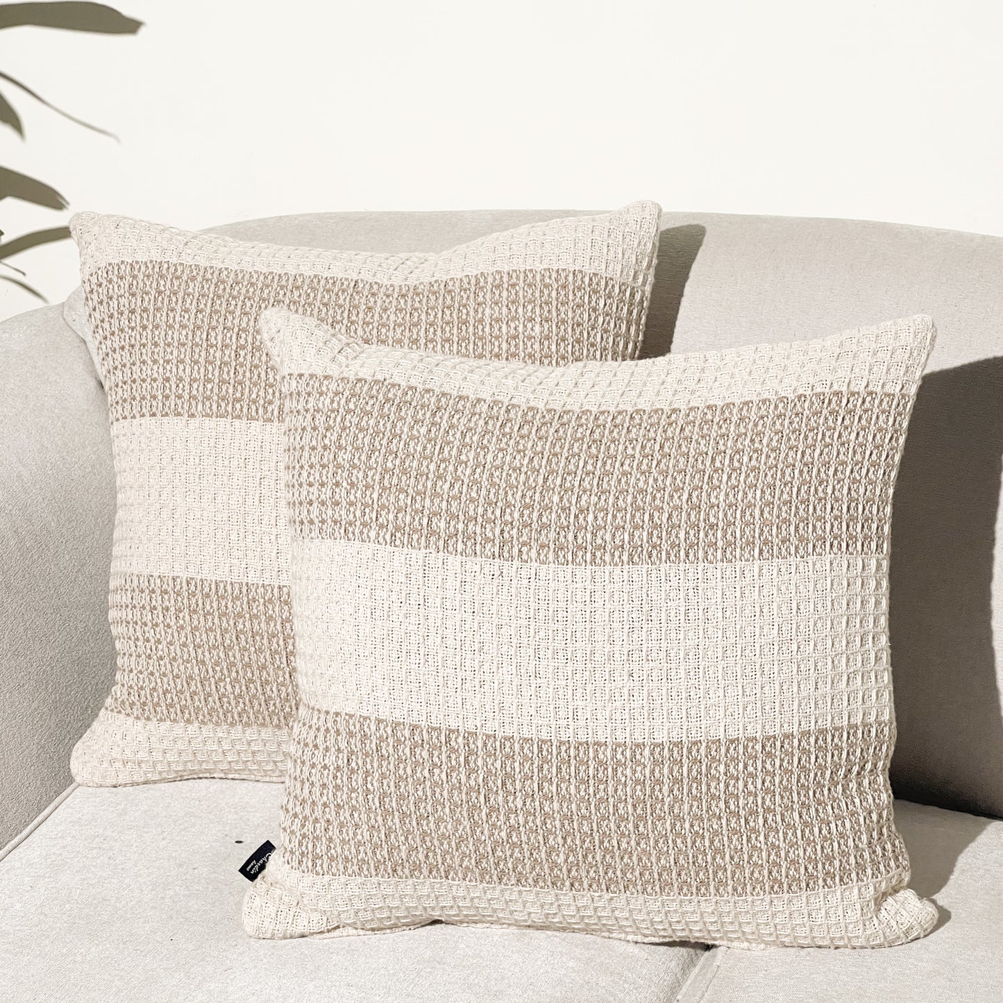 Waffle Stripe Pillow Cover Set Of 2 - Beige-Ivory, 18''x18''