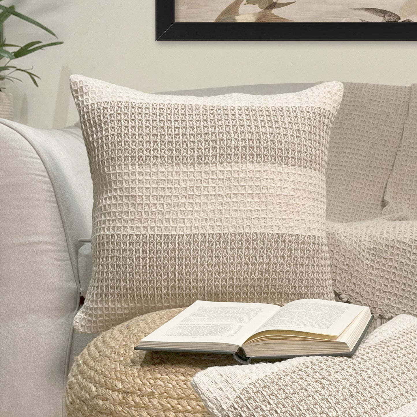 Waffle Stripe Pillow Cover Set Of 2 - Beige-Ivory, 18''x18''