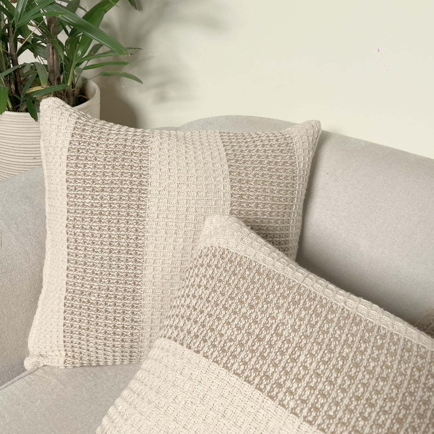 Waffle Stripe Pillow Cover Set Of 2 - Beige-Ivory, 18''x18''