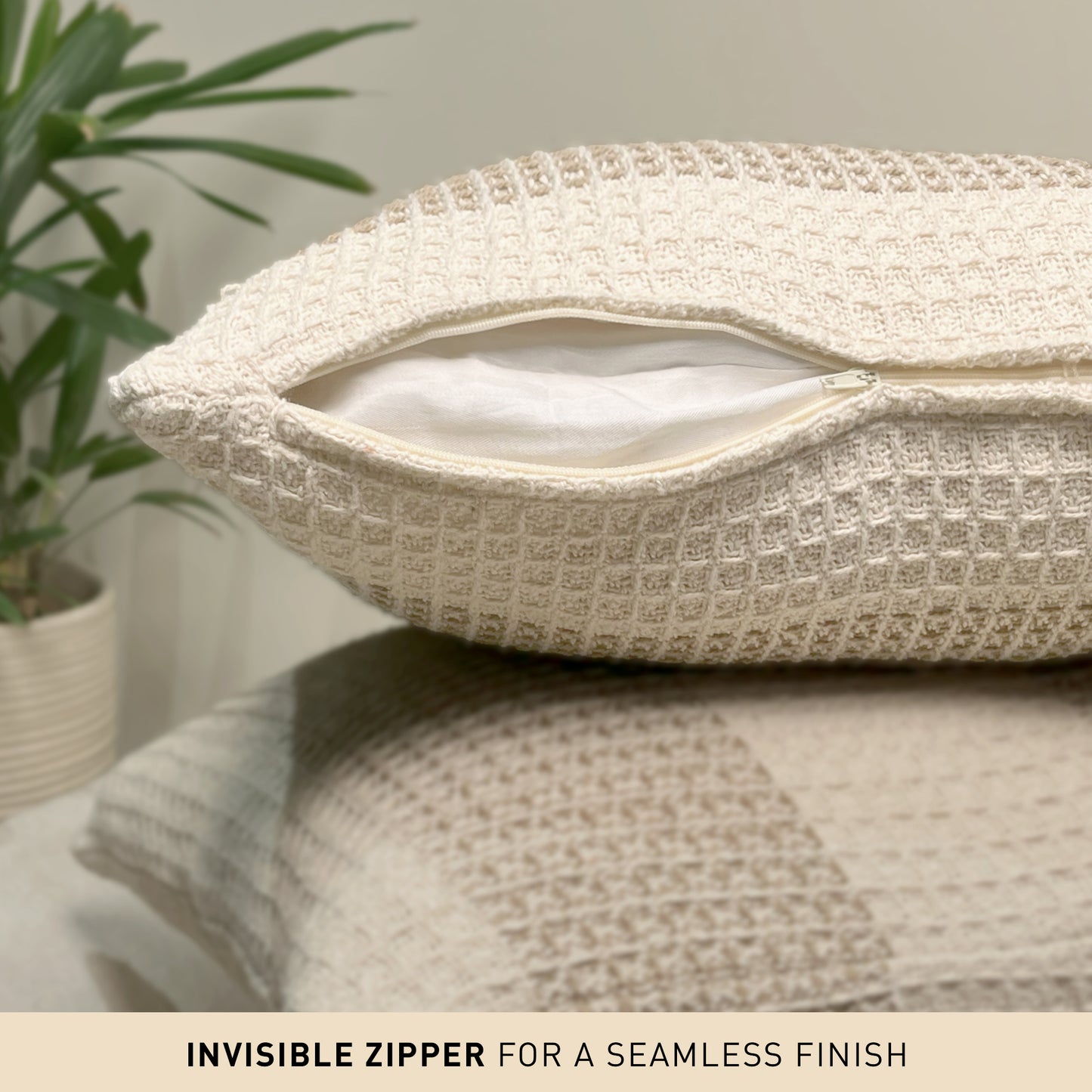 Waffle Stripe Pillow Cover Set Of 2 - Beige-Ivory, 18''x18''