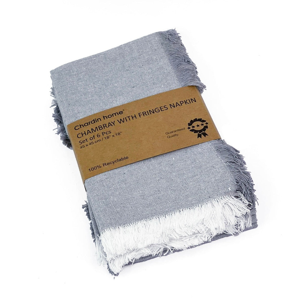 CHAMBRAY FRINGES NAPKINS SET OF 6-Grey-White, 18''x18''.
