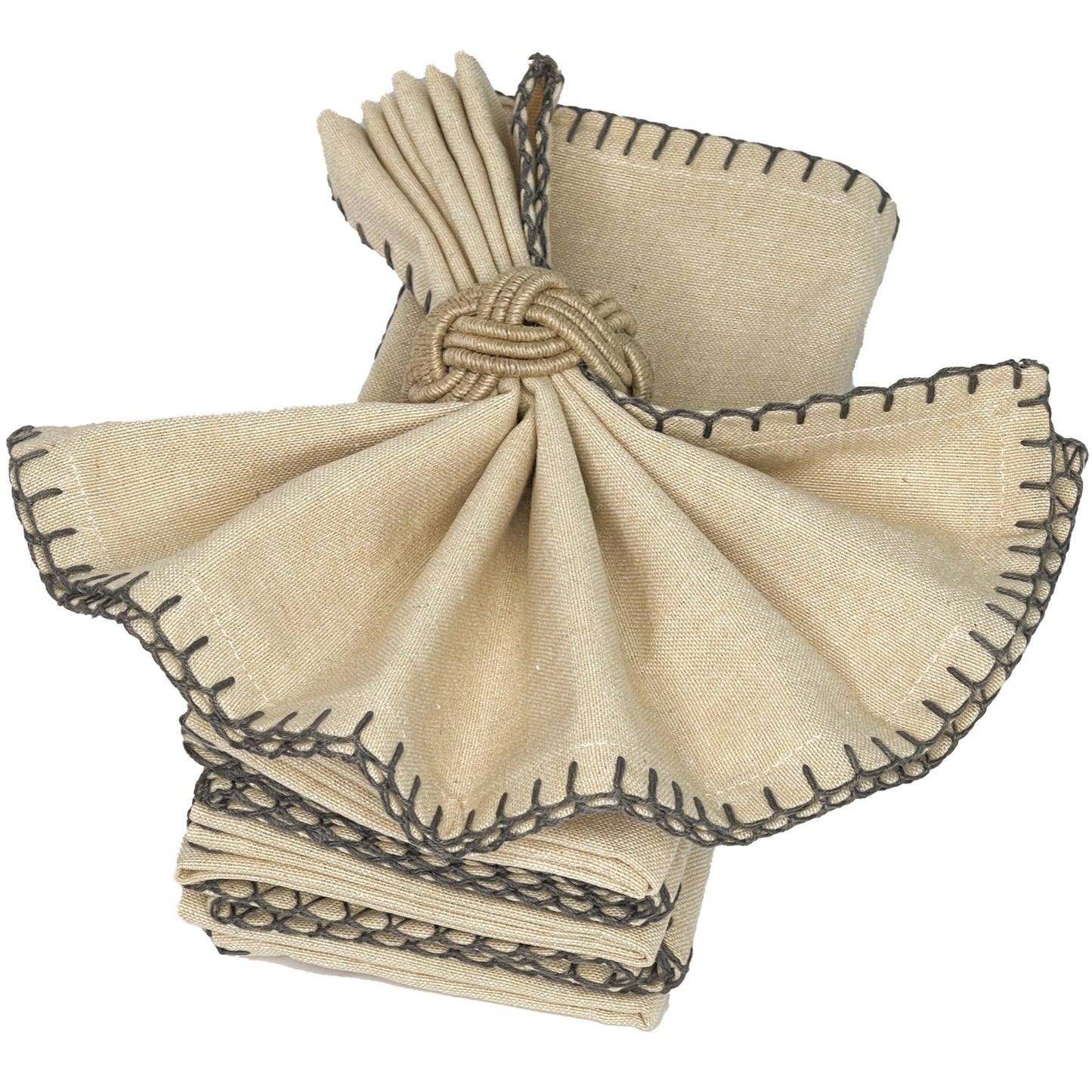 BLANKET STITCH NAPKINS SET OF 6, Linen-Grey, 18''x18''.