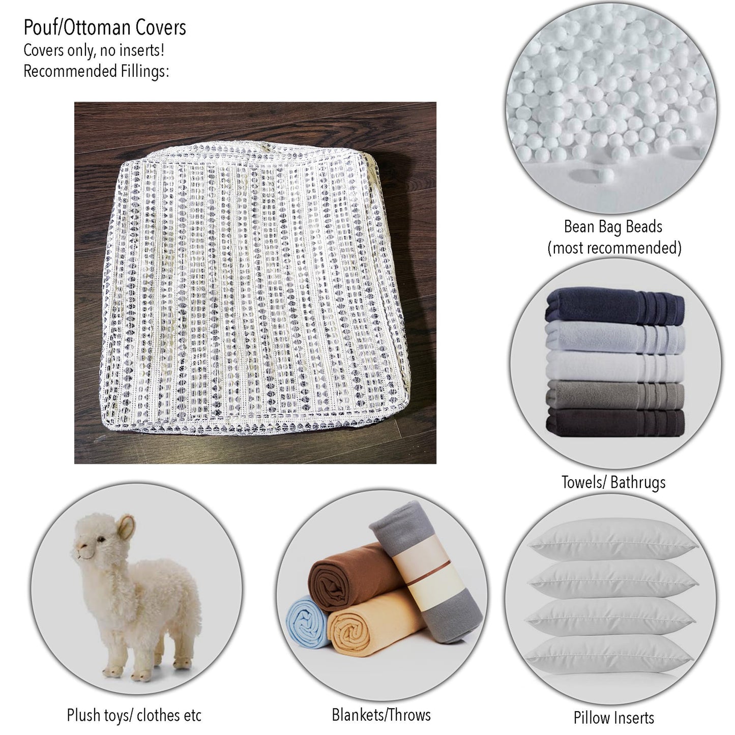 COTTON POUF COVER, BLACK-OFF WHITE, 16.5"x 16.5"x12.9"
