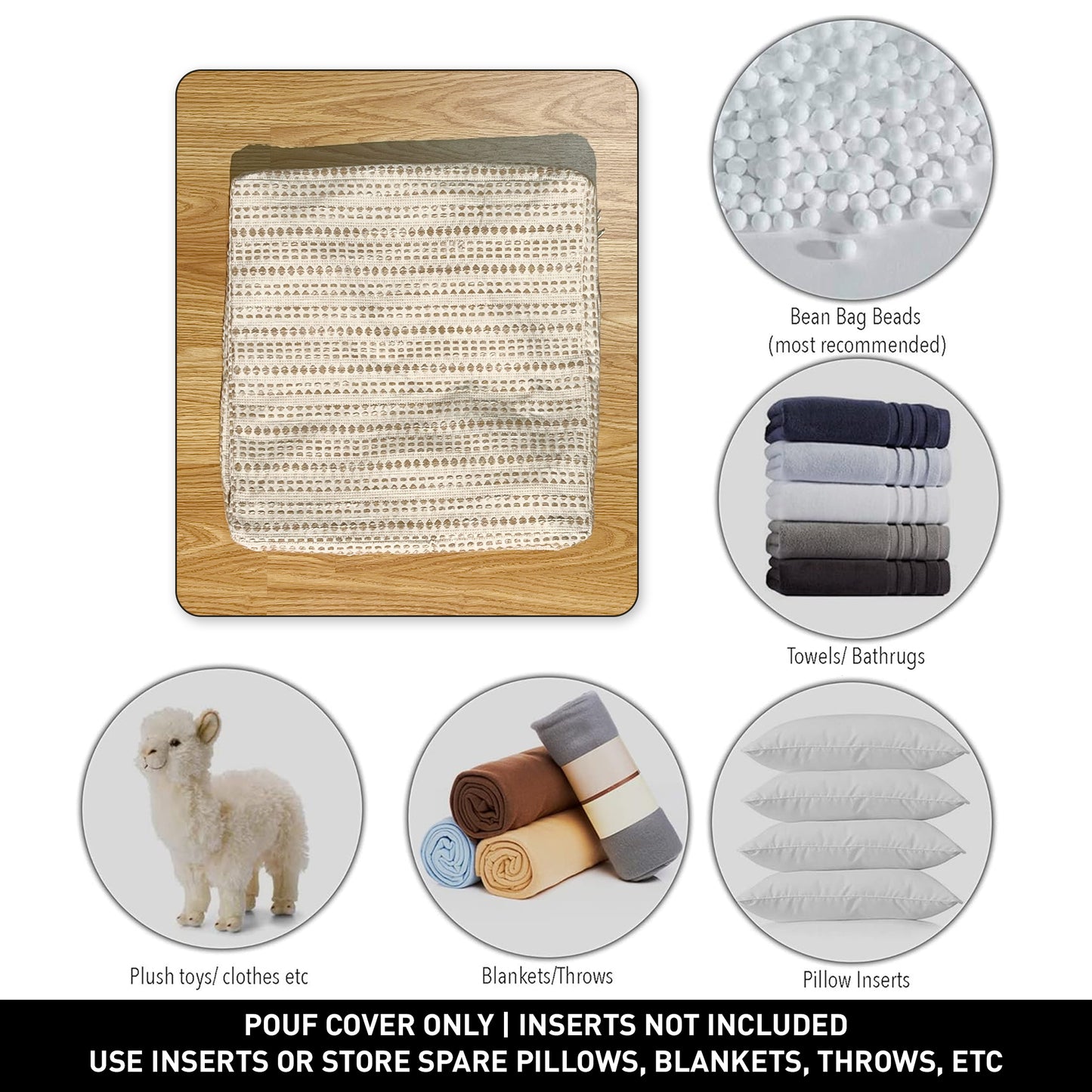 COTTON POUF COVER, BEIVE-OFF WHITE, 16.5"x 16.5"x12.9"