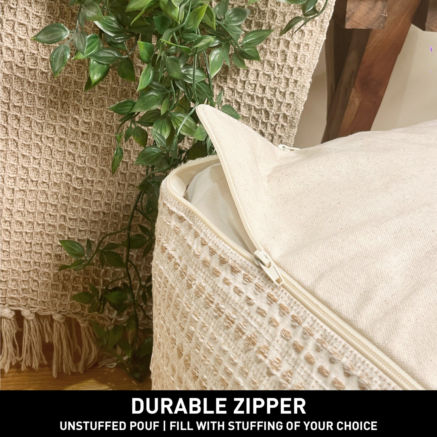 COTTON POUF COVER, BEIVE-OFF WHITE, 16.5"x 16.5"x12.9"