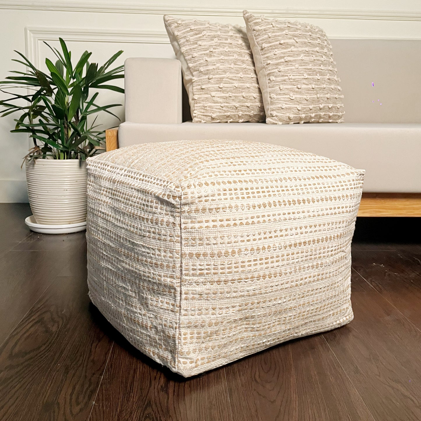 COTTON POUF COVER, BEIVE-OFF WHITE, 16.5"x 16.5"x12.9"