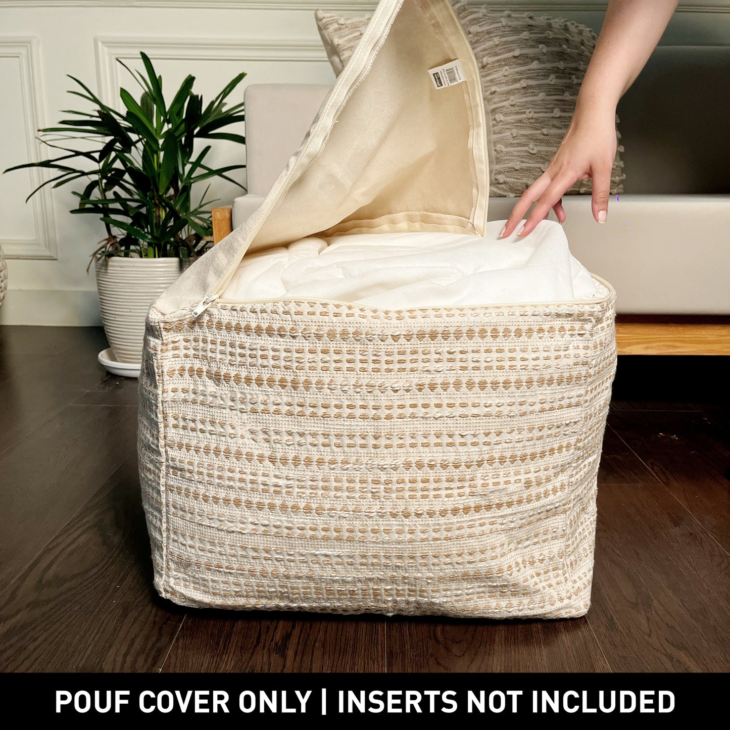 COTTON POUF COVER, BEIVE-OFF WHITE, 16.5"x 16.5"x12.9"