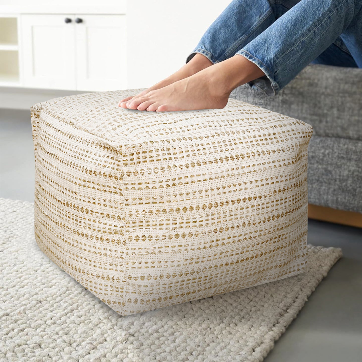 COTTON POUF COVER, BEIVE-OFF WHITE, 16.5"x 16.5"x12.9"