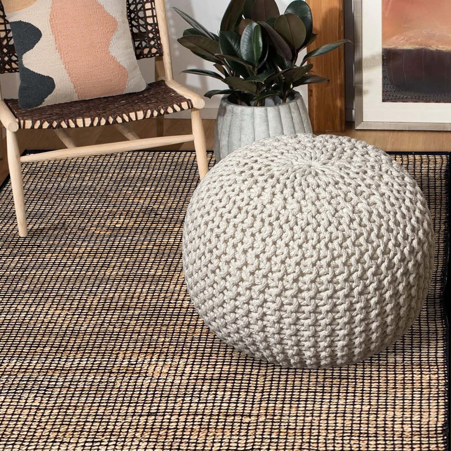 Crochet Cotton Dori Pouf - Ivory, 18"x18"x14"