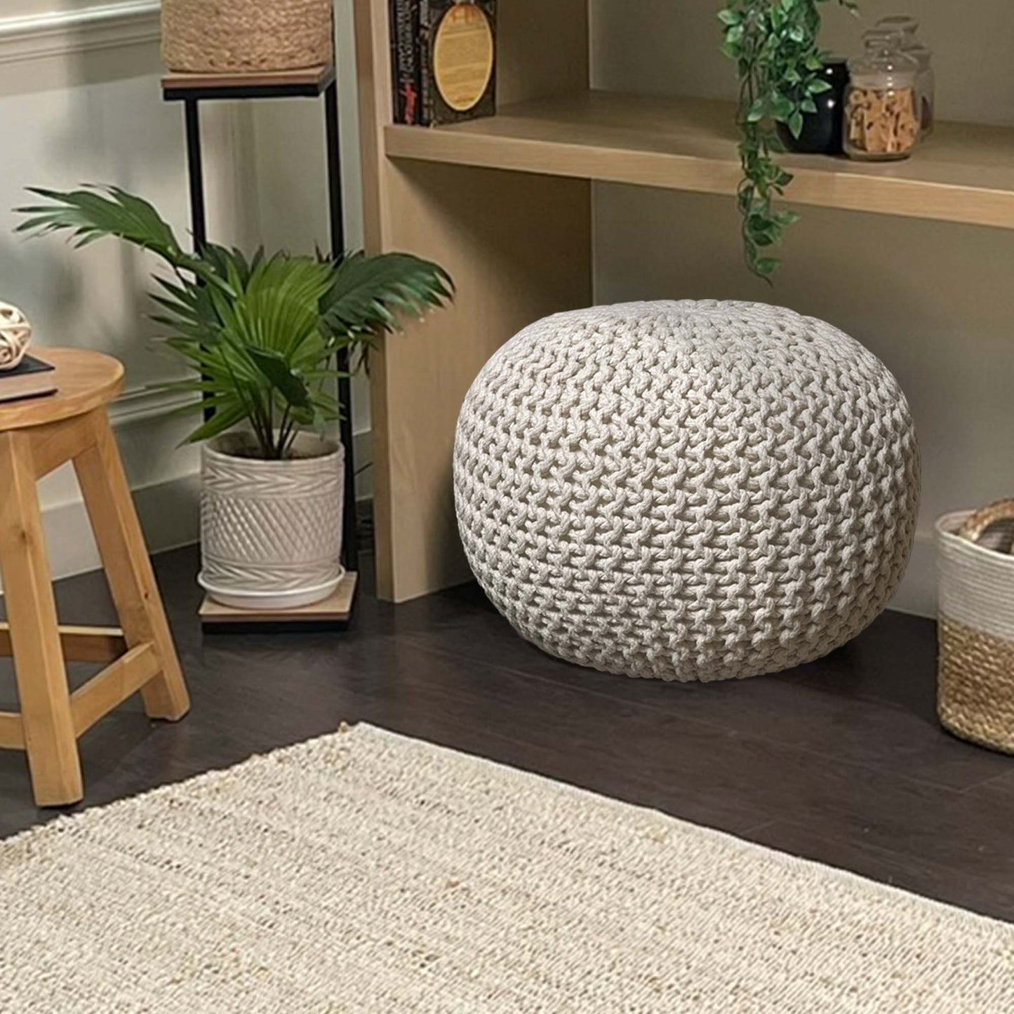 Crochet Cotton Dori Pouf - Ivory, 18"x18"x14"