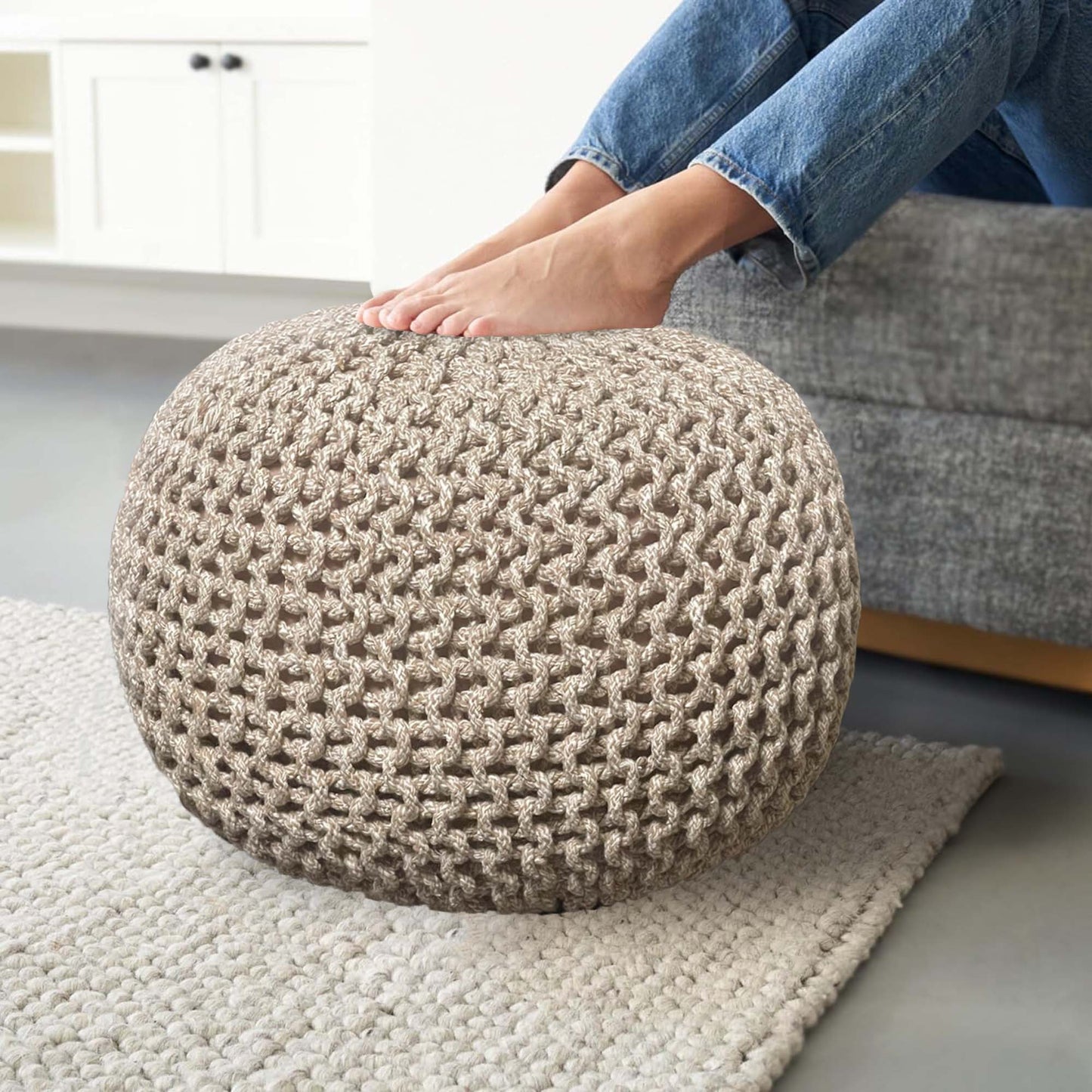 Crochet Cotton Dori Pouf - Ivory-Beige, 18"x18"x14"