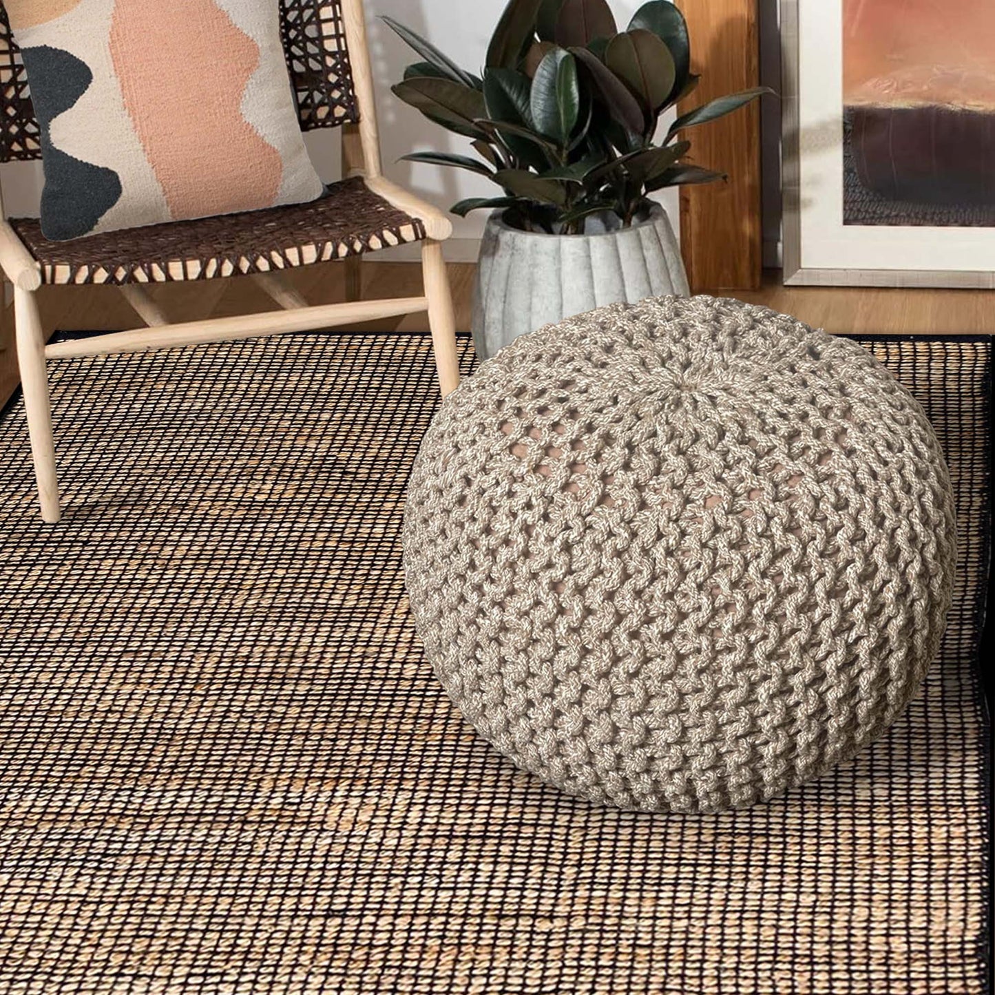 Crochet Cotton Dori Pouf - Ivory-Beige, 18"x18"x14"