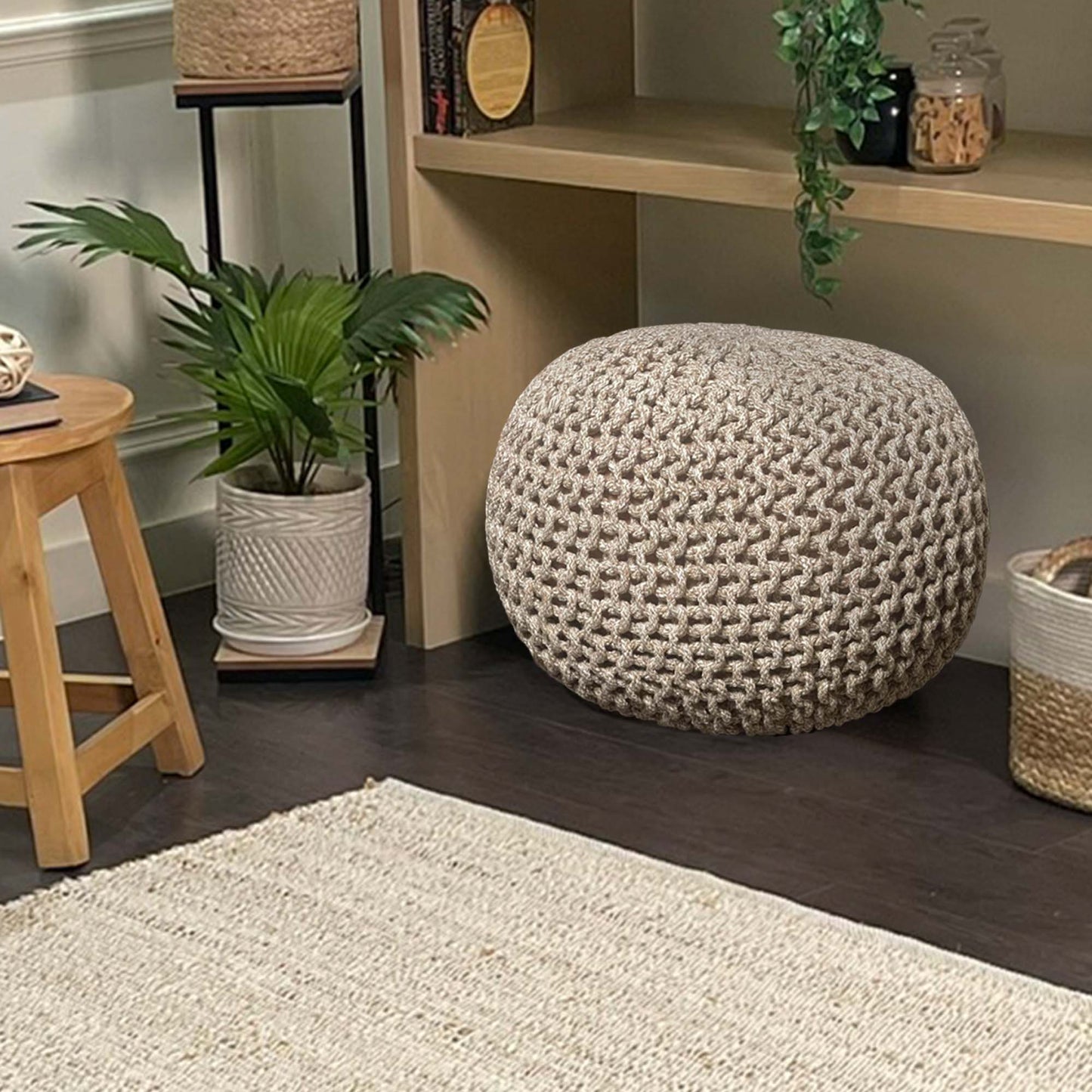 Crochet Cotton Dori Pouf - Ivory-Beige, 18"x18"x14"