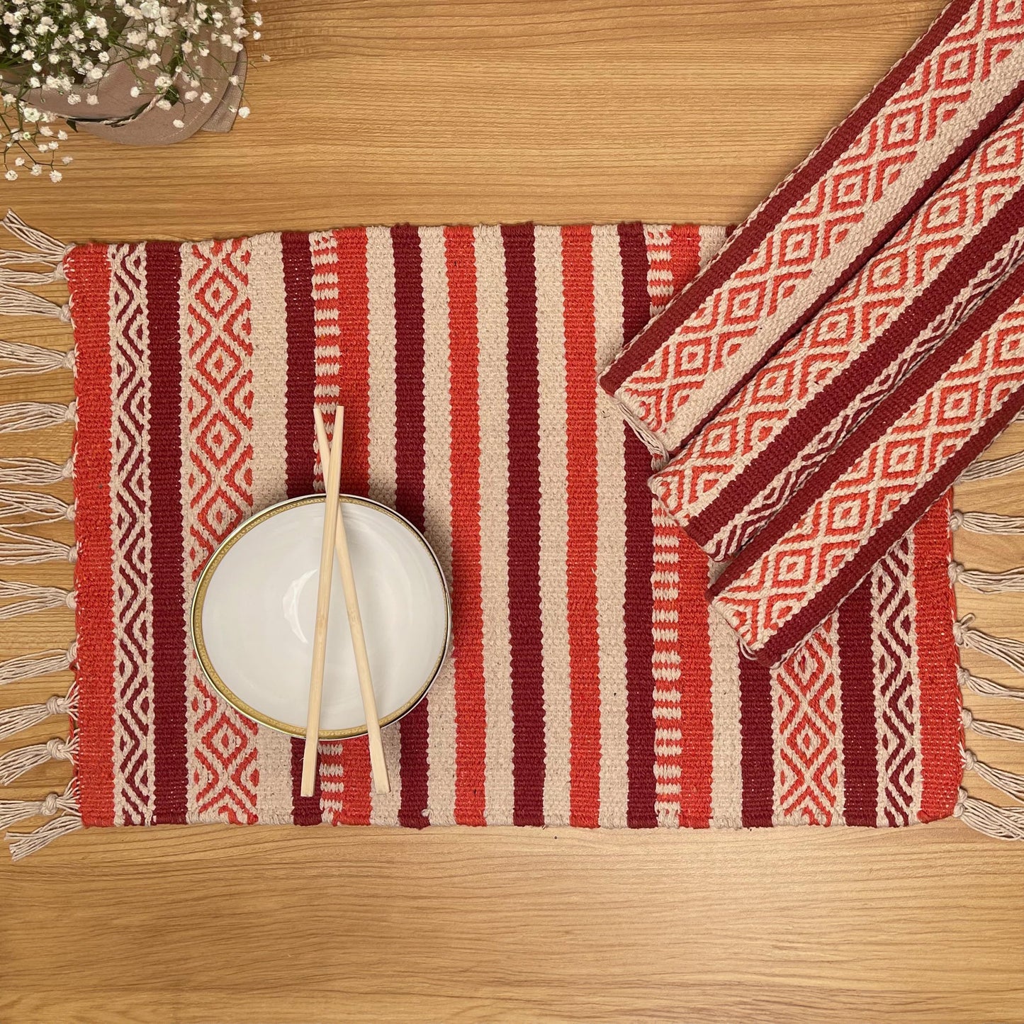 Laguna Placemat, Set of 4 Rust Orange Placemats, 13x19 In, Upcycled Cotton