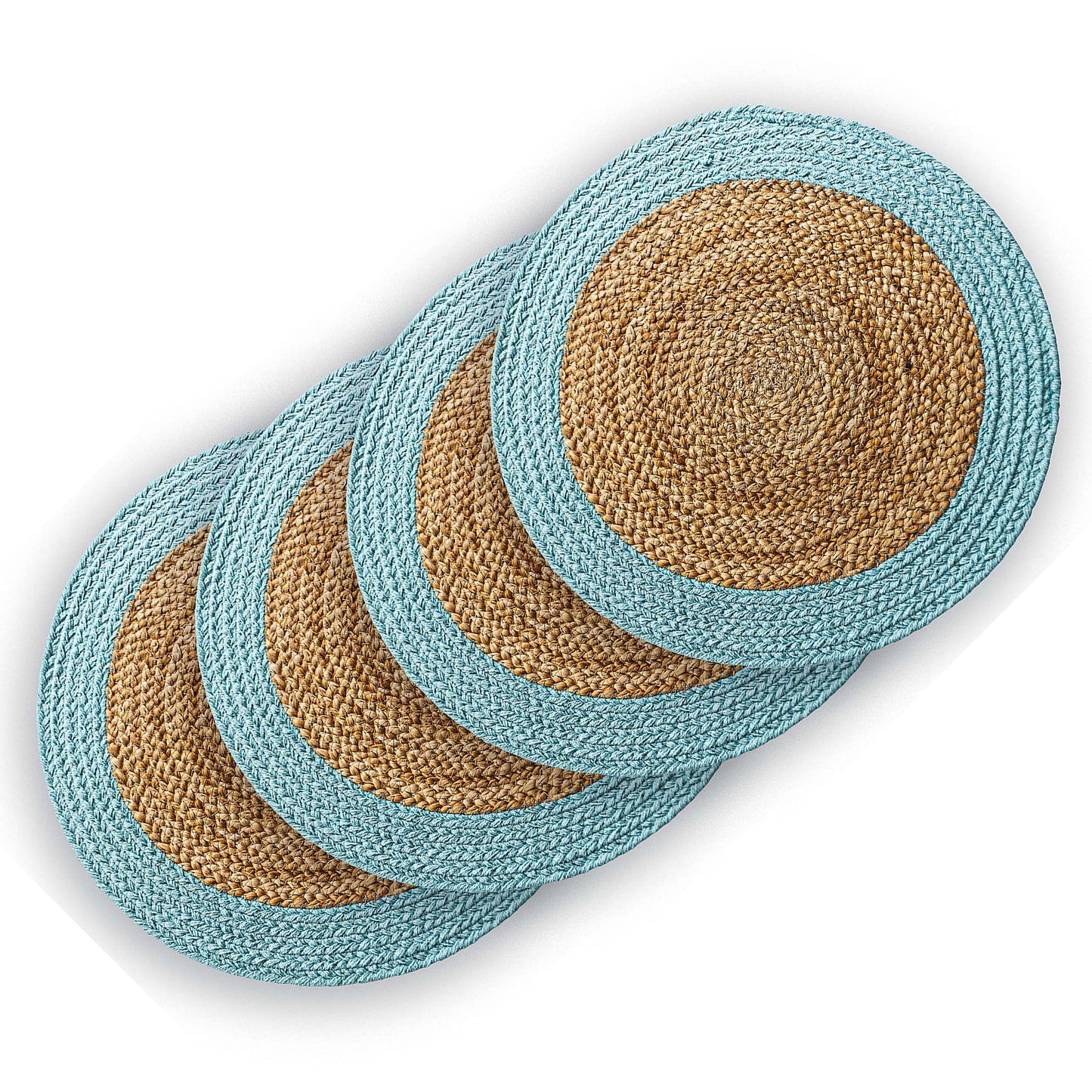 Verona Round Border Placemats Set Of 4 - Natural/Aqua Blue, 15" Rnd.