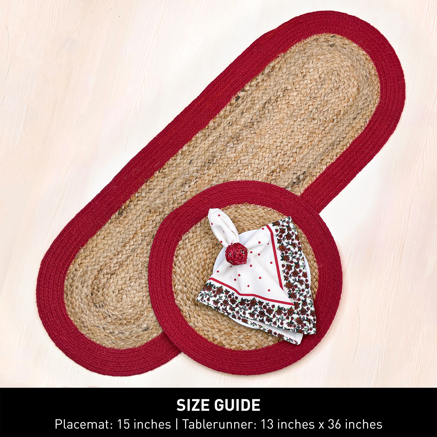 VERONA ROUND BORDER PLACEMATS SET OF 4, NAT-RED, 15''x15''.