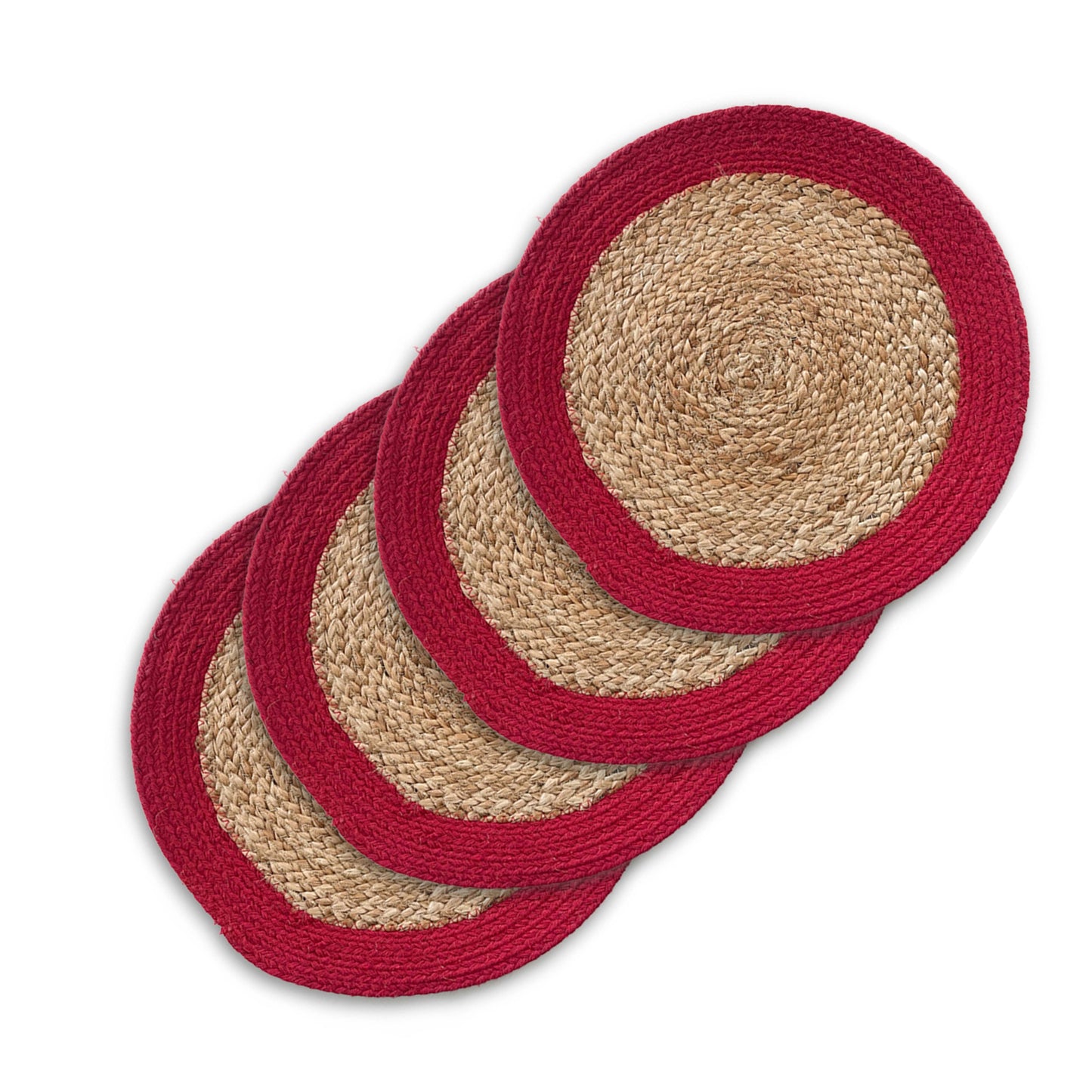 VERONA ROUND BORDER PLACEMATS SET OF 4, NAT-RED, 15''x15''.