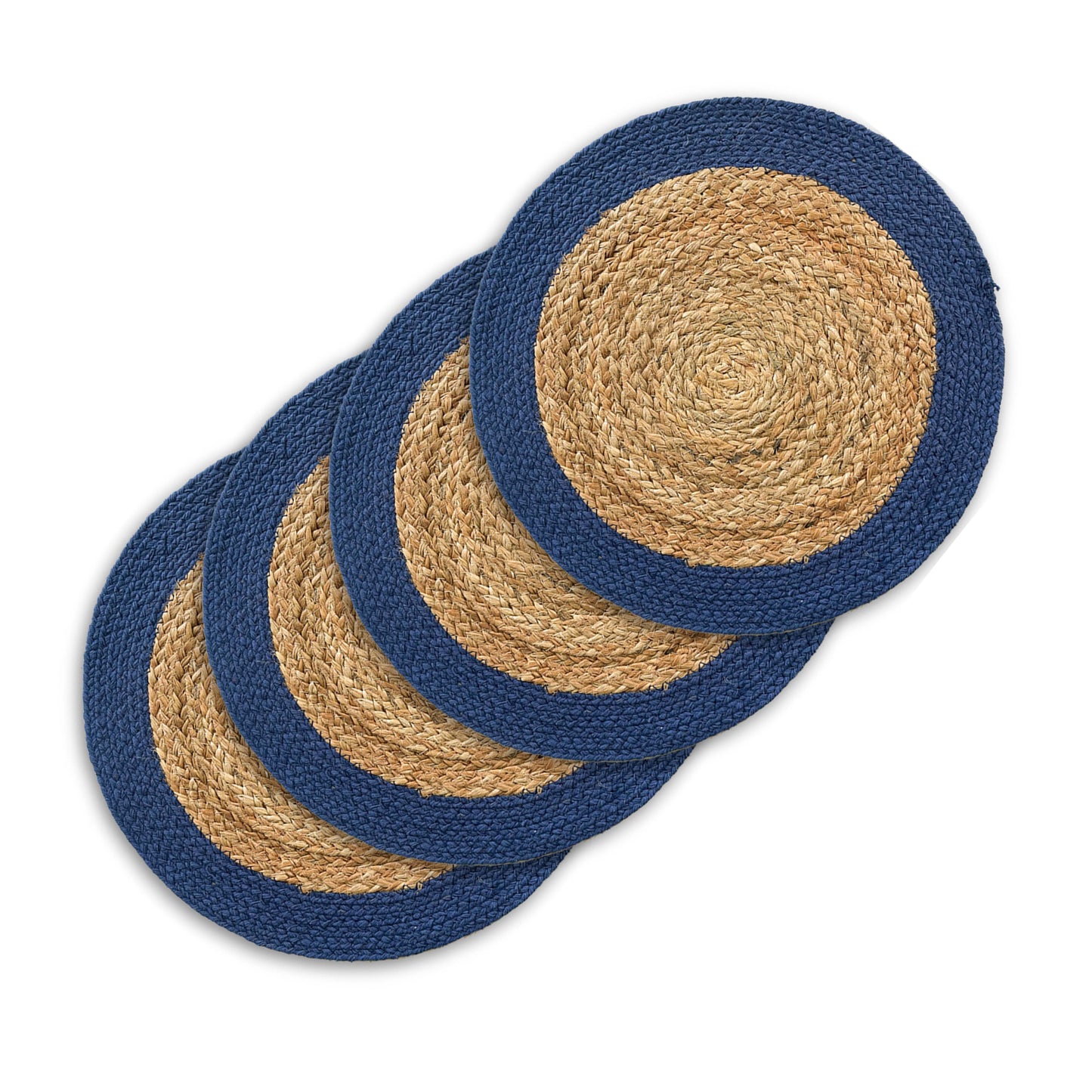 VERONA ROUND BORDER PLACEMATS SET OF 4, NAT-NAVY, 15''x15''