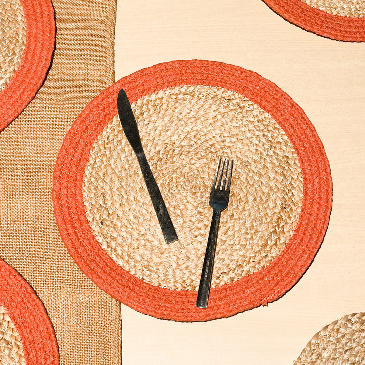 Verona Round Border Placemats Set Of 4 - Natural/Orange, 13" Rnd.