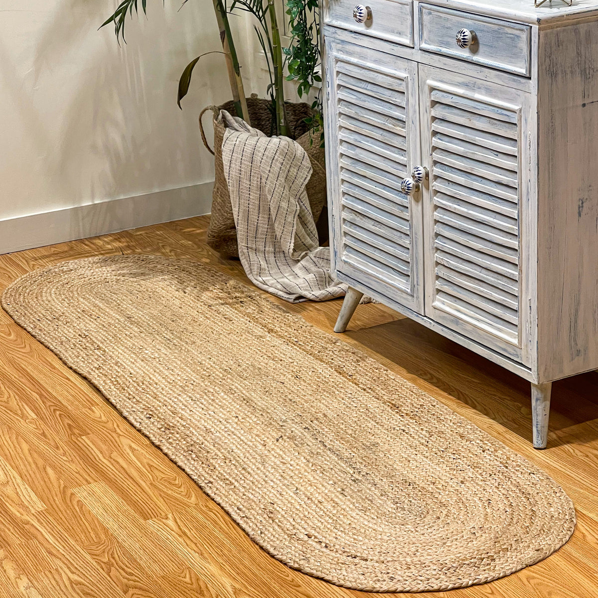 BRAIDED JUTE OVAL RUNNER RUG, NATURAL JUTE, 2'x7'