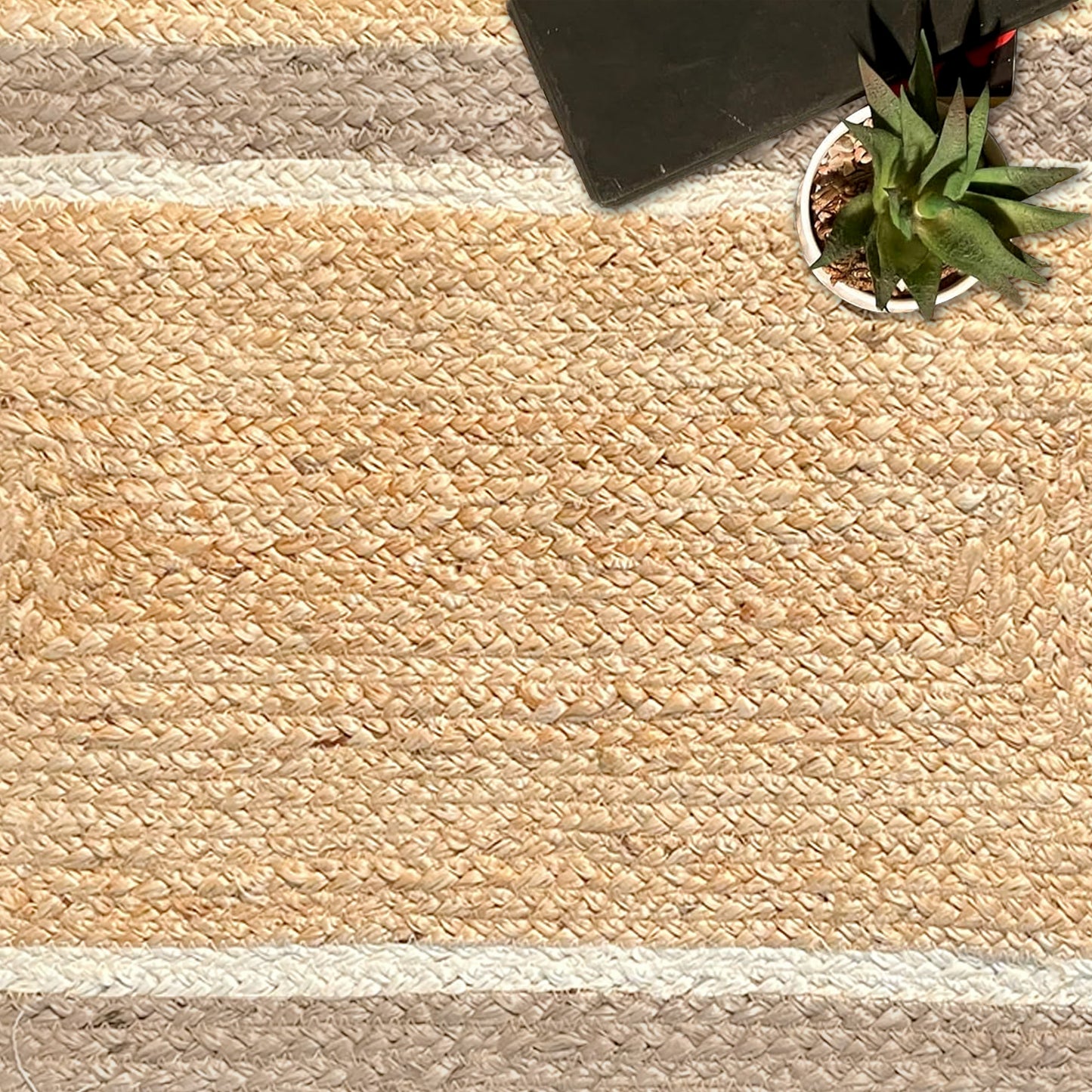 BRAIDED JUTE BORDER RUG, NATURAL JUTE-IVORY, 18''x30''