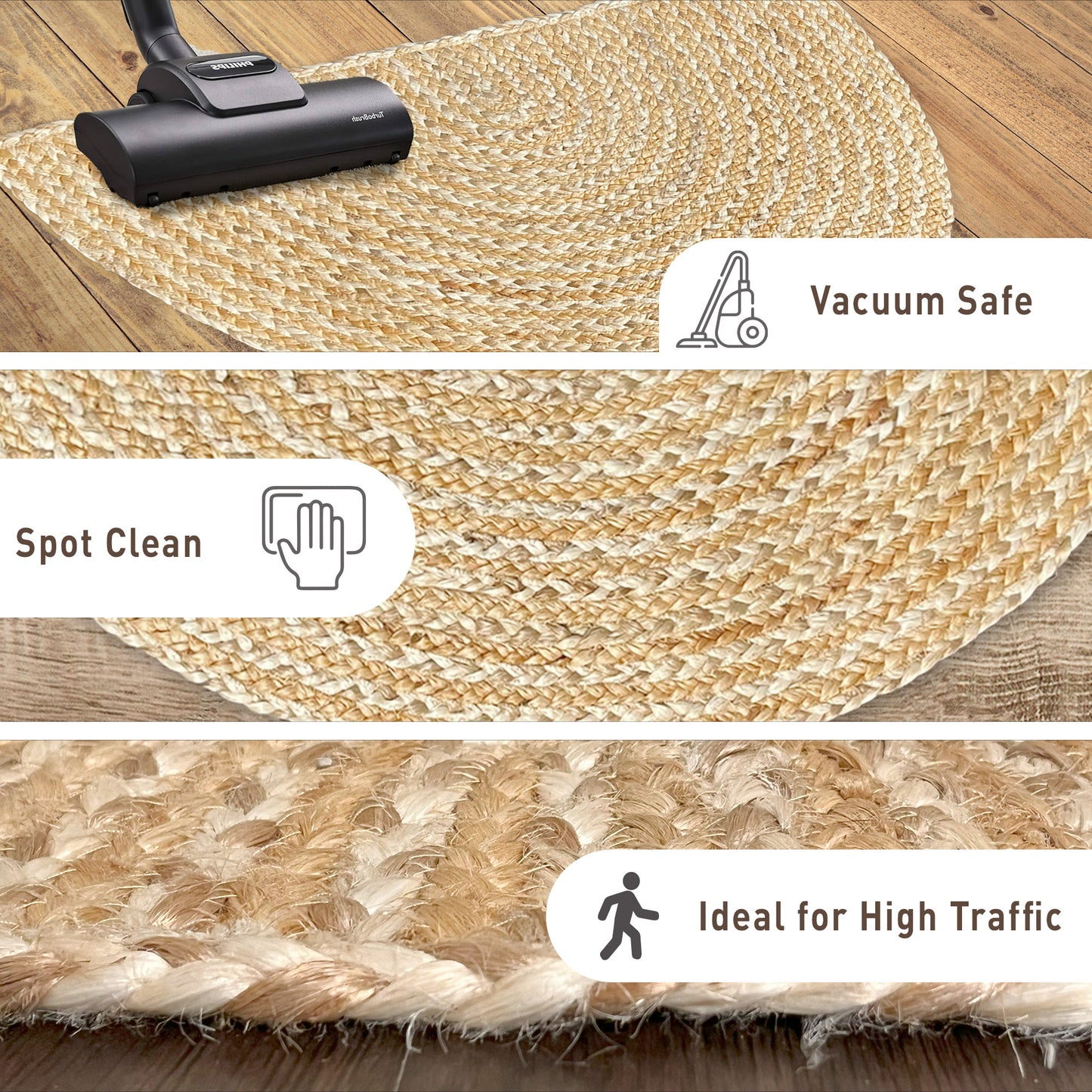 BRAIDED JUTE SEMICIRCLE RUG, NATURAL JUTE-IVORY, 18''x30''