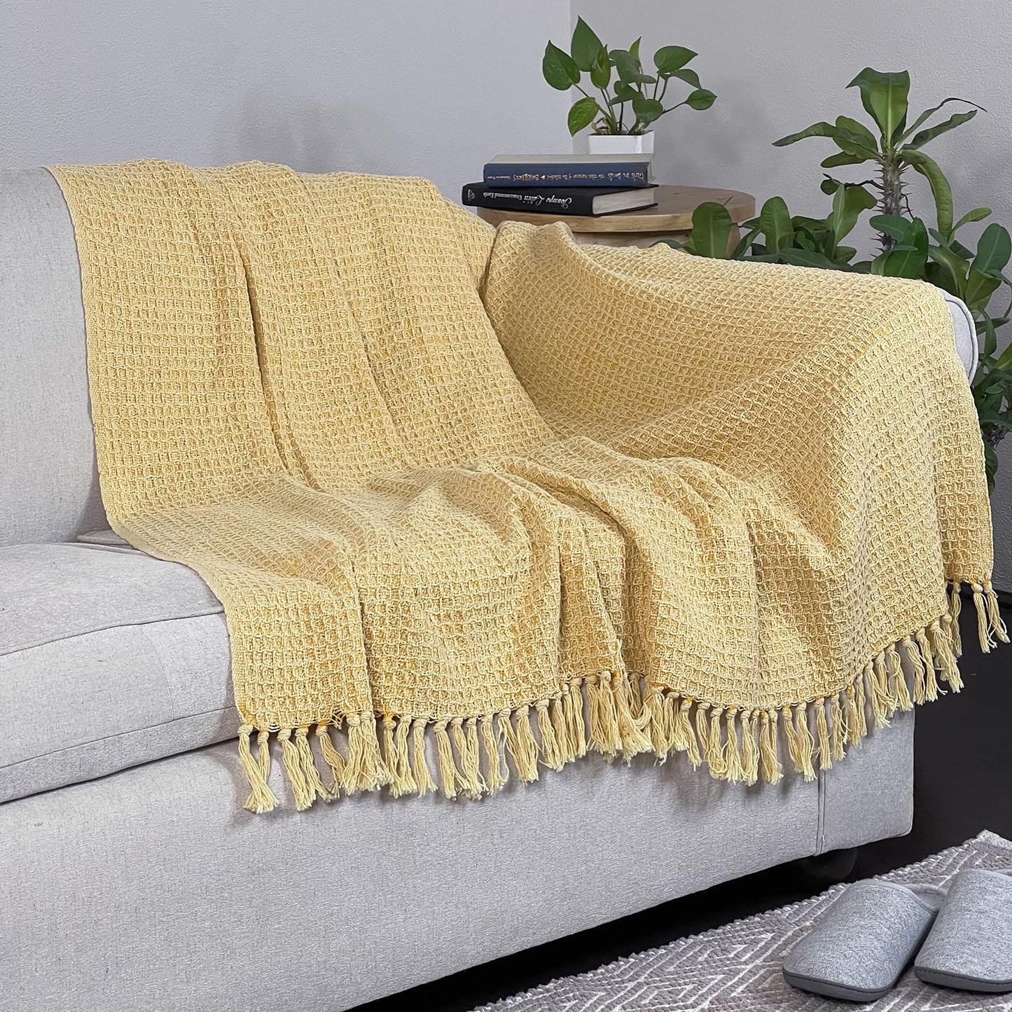 WAFFLE THROW, STONEWASH YELLOW, 50''x60''