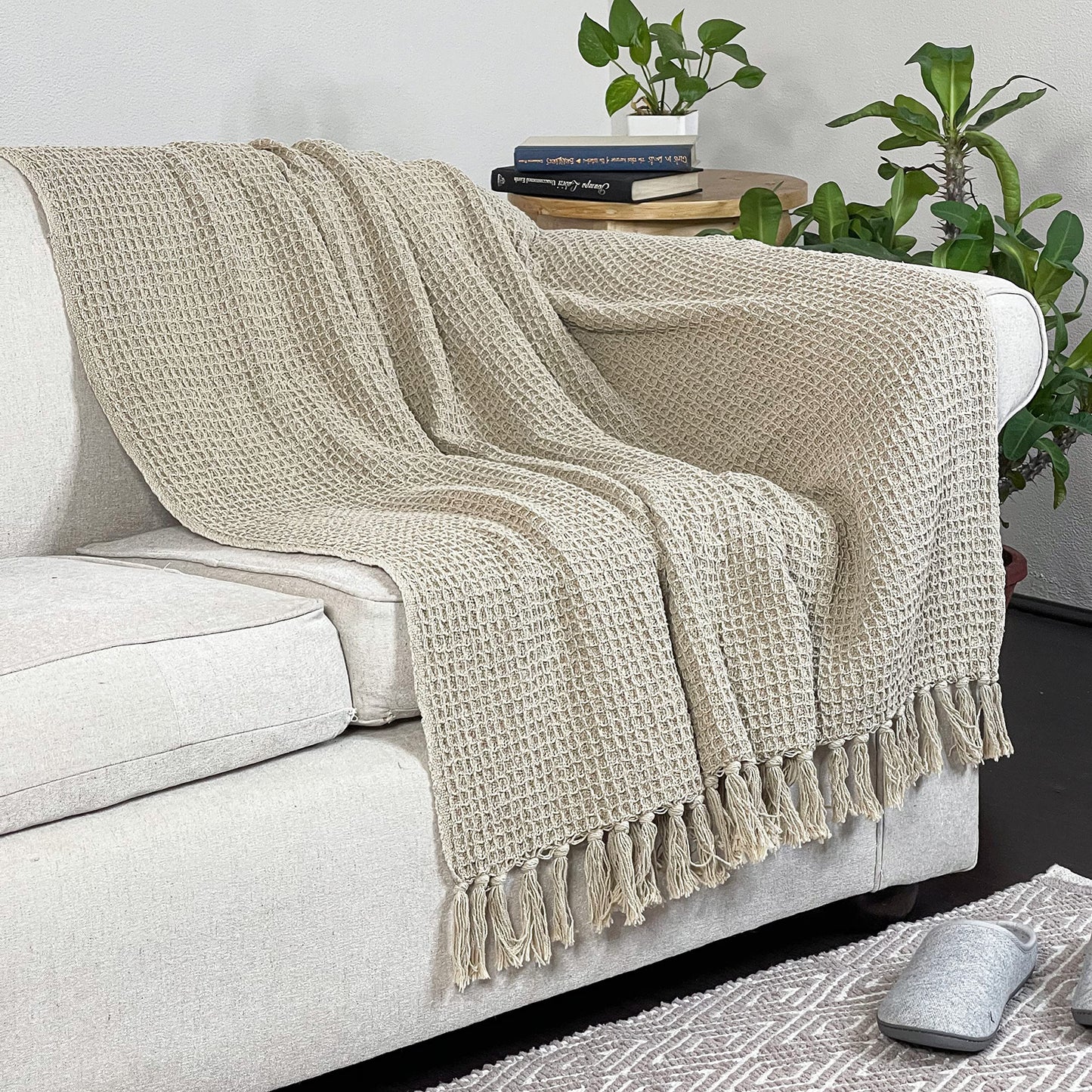 WAFFLE THROW, STONEWASH BEIGE, 50''x60''