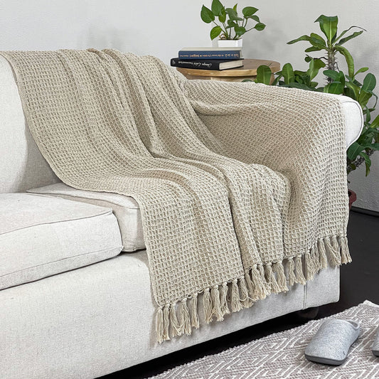 WAFFLE THROW, STONEWASH BEIGE, 50''x60''