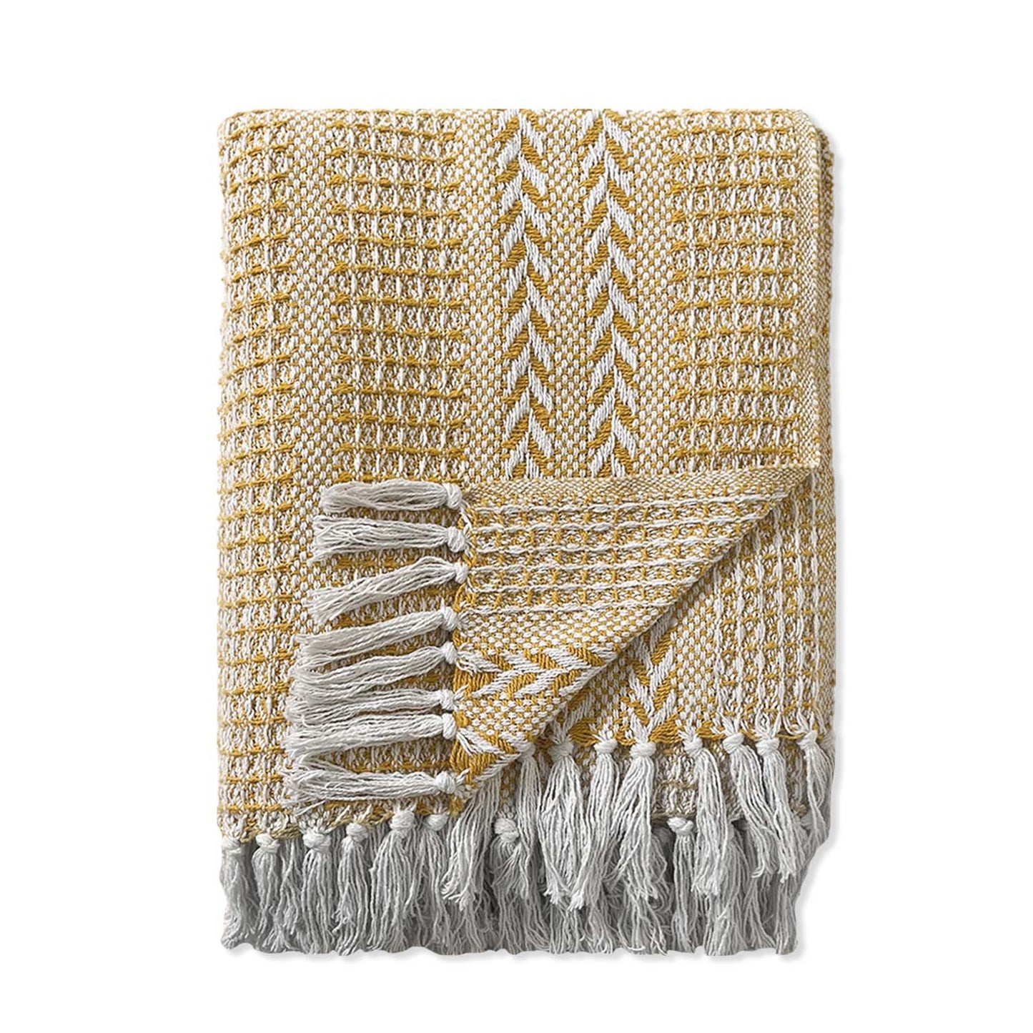 BRAIDED WAFFLE THROW, YELLOW-WHITE, 50''x60''