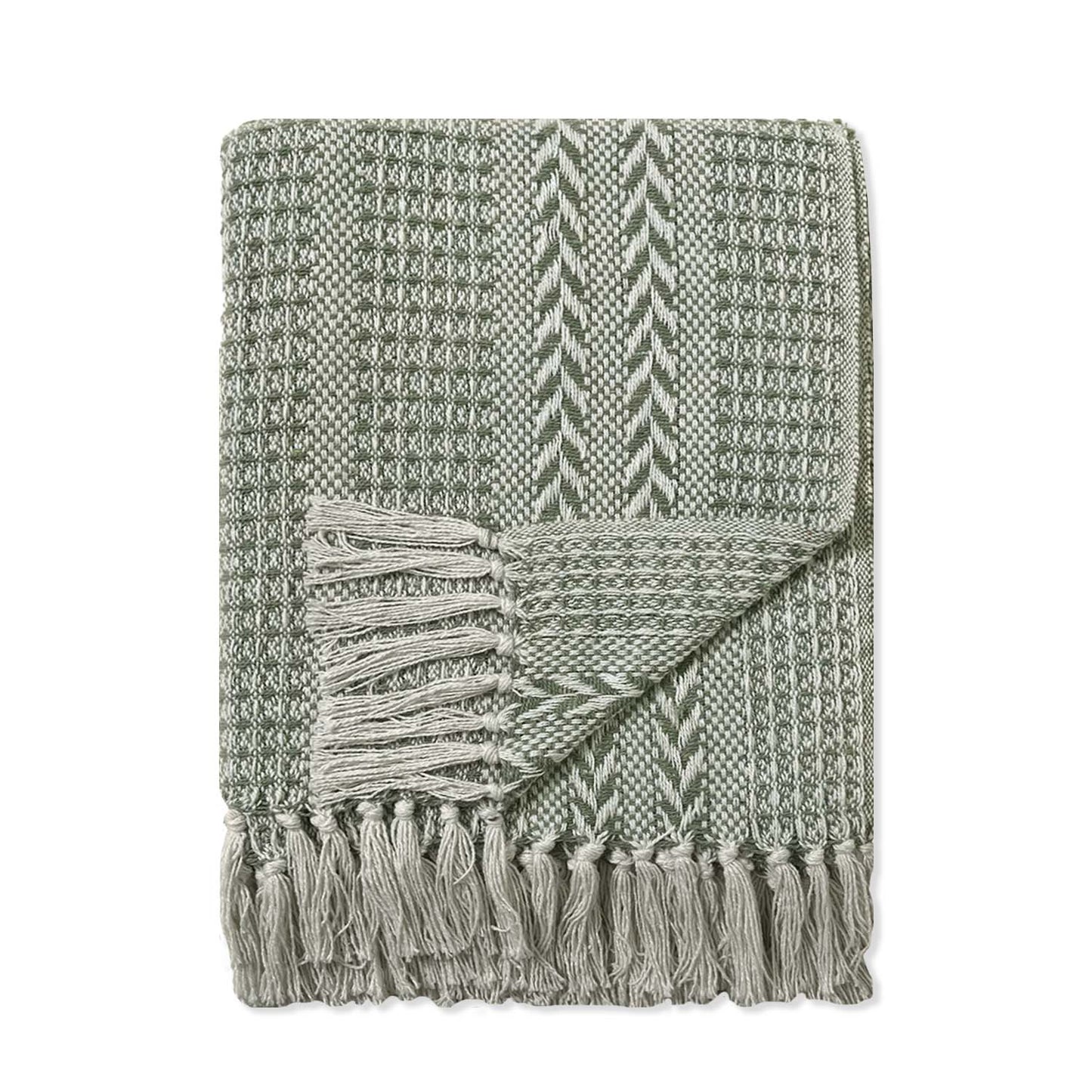 BRAIDED WAFFLE THROW, SAGE GREEN-IVORY, 50''x60''