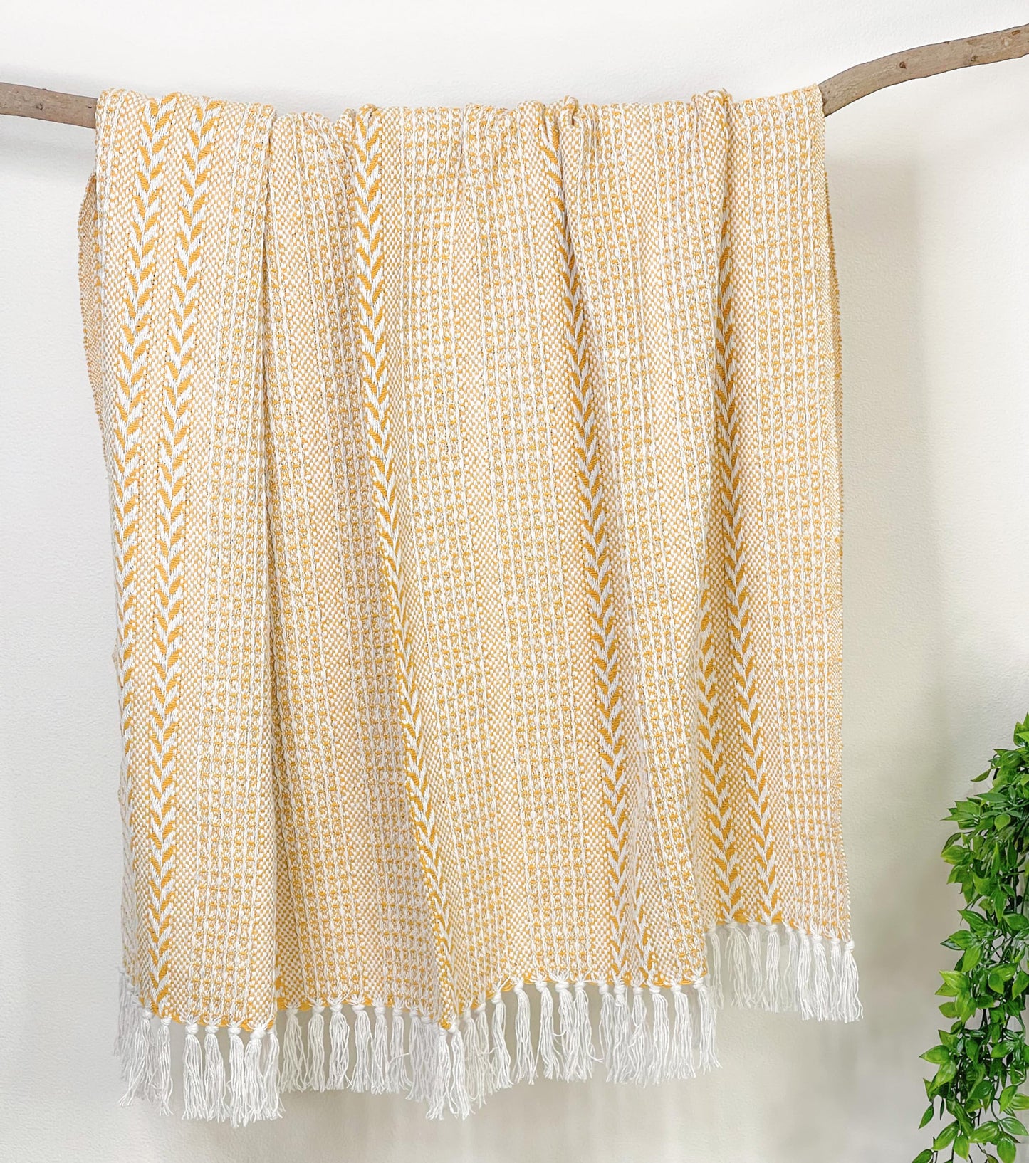 BRAIDED WAFFLE THROW, YELLOW-WHITE, 50''x60''