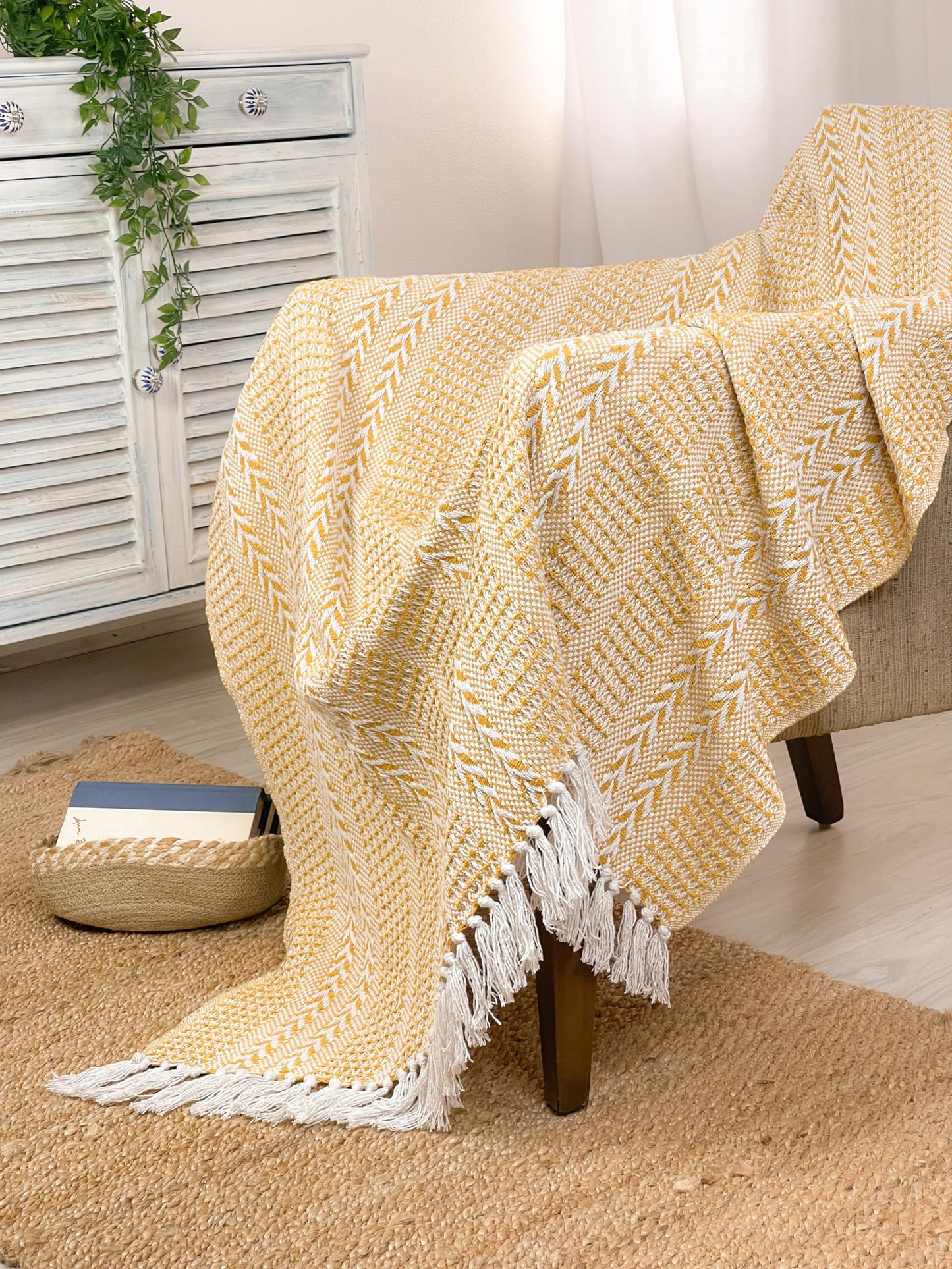 BRAIDED WAFFLE THROW, YELLOW-WHITE, 50''x60''