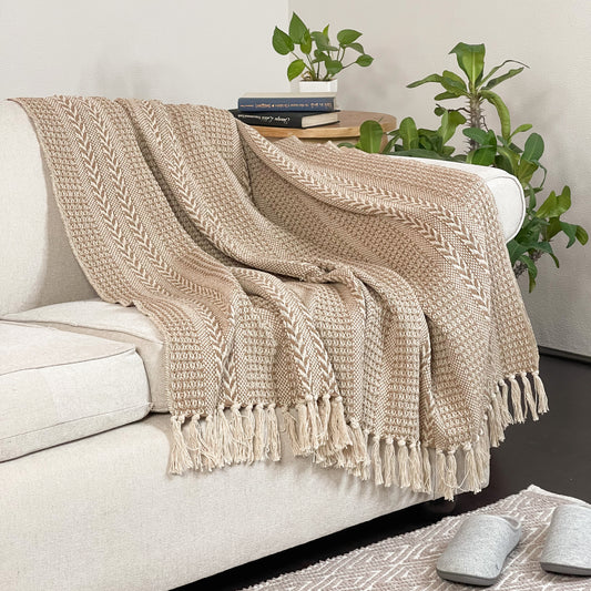 BRAIDED WAFFLE THROW, BEIGE-IVORY, 50''x60''