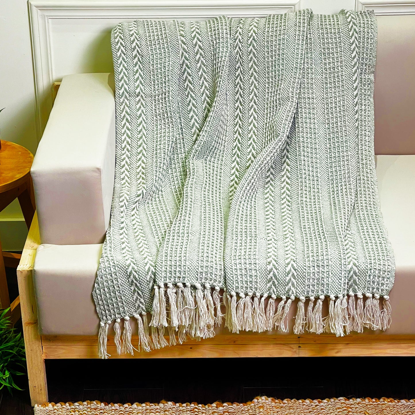 BRAIDED WAFFLE THROW, SAGE GREEN-IVORY, 50''x60''