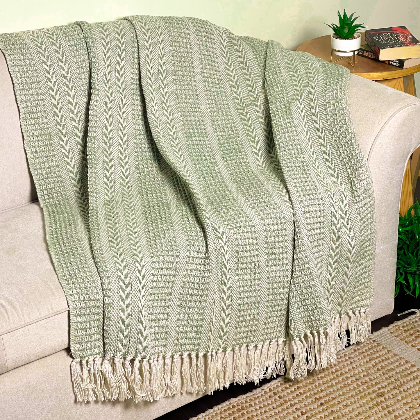 BRAIDED WAFFLE THROW, SAGE GREEN-IVORY, 50''x60''