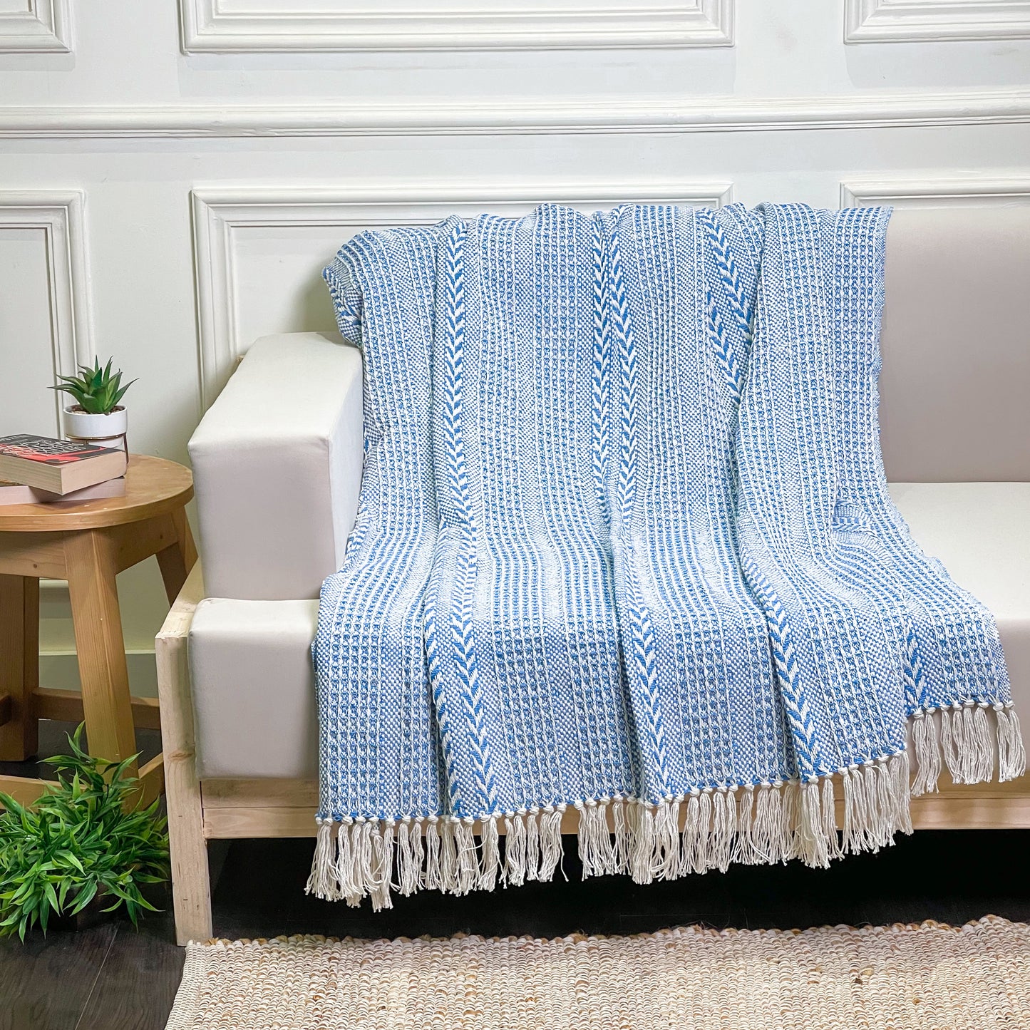 BRAIDED WAFFLE THROW, SKY BLUE-WHITE, 50''x60''