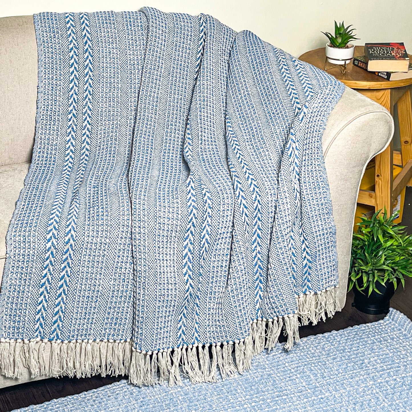 BRAIDED WAFFLE THROW, SKY BLUE-WHITE, 50''x60''