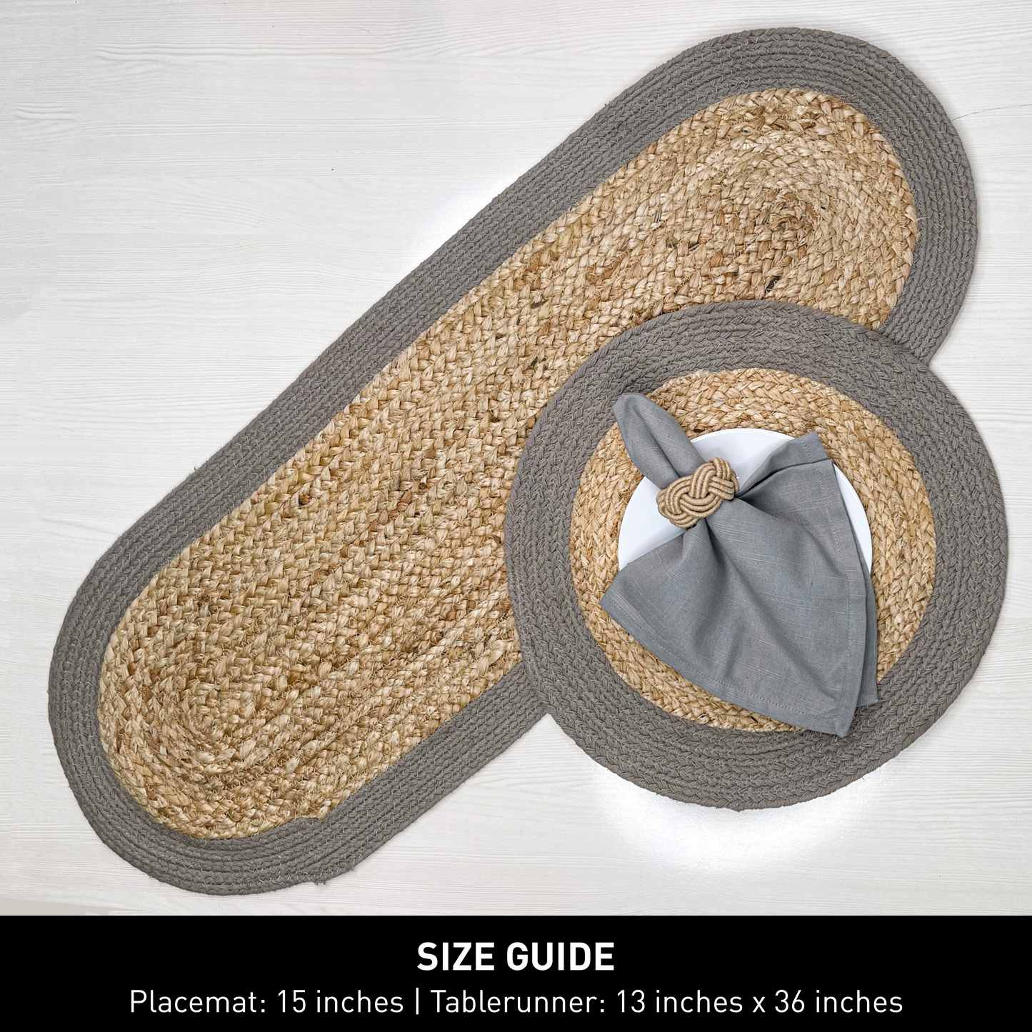 VERONA JUTE BORDER ROUND TABLE RUNNER-NAT-GREY, 13''x36''