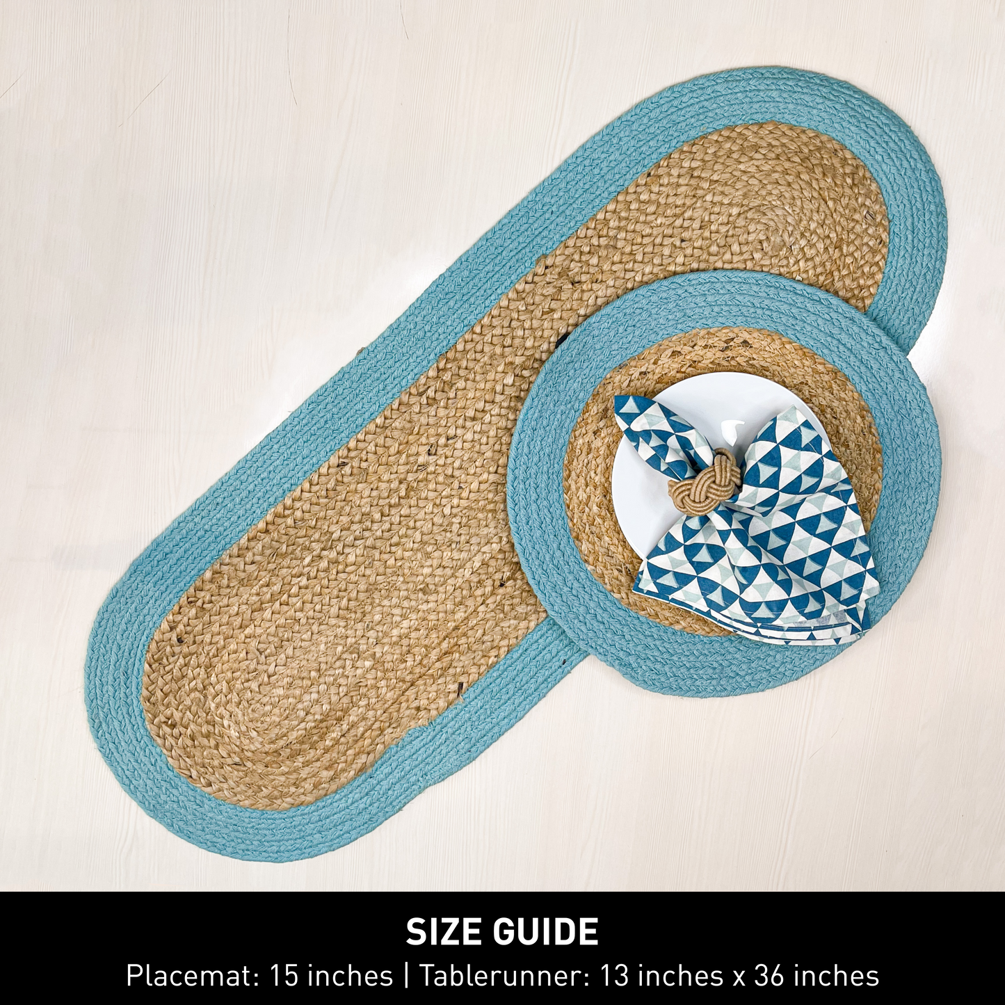 VERONA JUTE BORDER ROUND TABLE RUNNER-NAT-AQUA, 13''x36''