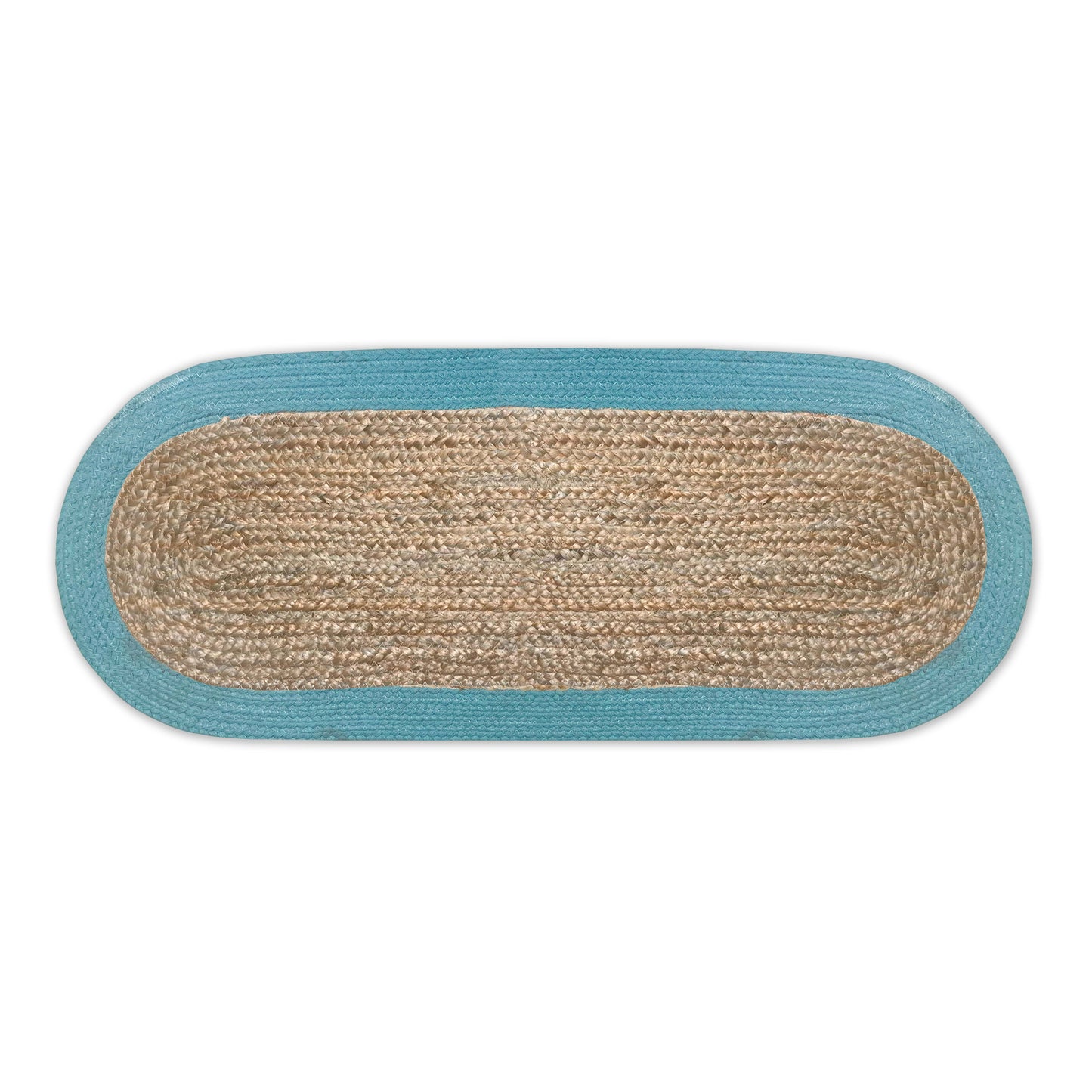 VERONA JUTE BORDER ROUND TABLE RUNNER-NAT-AQUA, 13''x36''