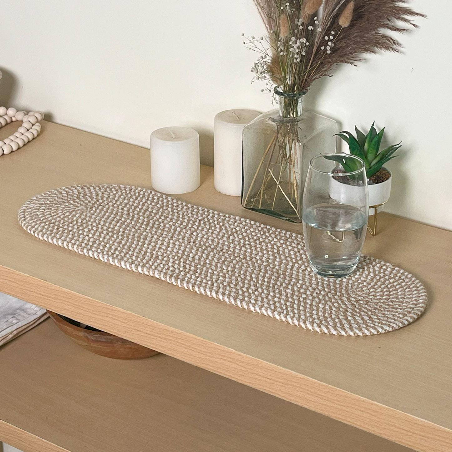 Oval Braided Jute/Cotton Table Runner - Natural Jut-White, 13''x36''