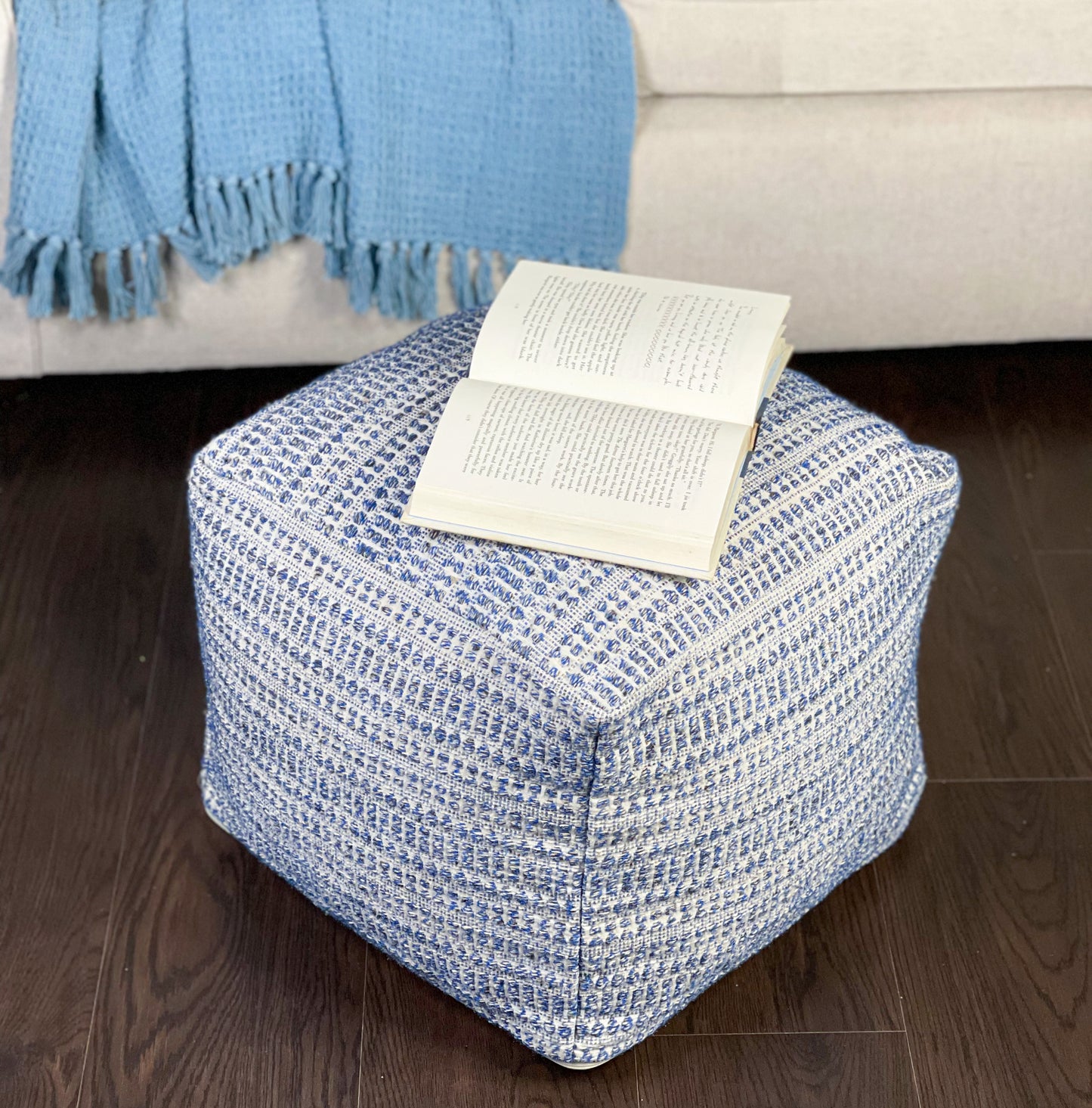 COTTON POUF COVER, BLUE-OFF WHITE, 16.5"x 16.5"x12.9"